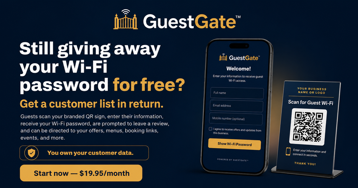 GuestGate guest Wi-Fi sign-in page on a phone next to a branded QR sign