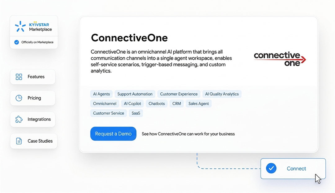 ConnectiveOne product card on Kyivstar Marketplace featuring key functions, pricing plans, integrations, case studies, and a connection button.