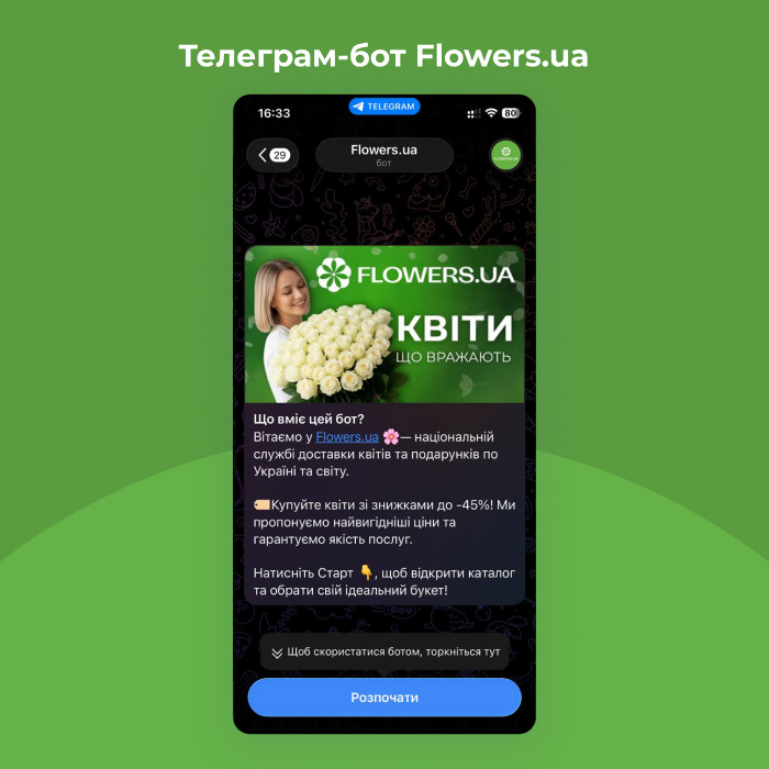 Telegram-чатбот Flowers.ua, інтегрований із ConnectiveOne для автоматичної передачі даних клієнтів в eSputnik.