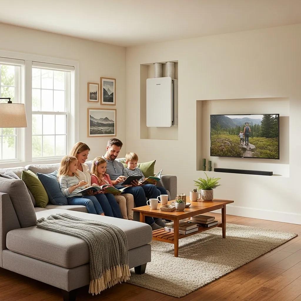 Family enjoying a comfortable living room with a modern HVAC system, emphasizing the benefits of regular maintenance