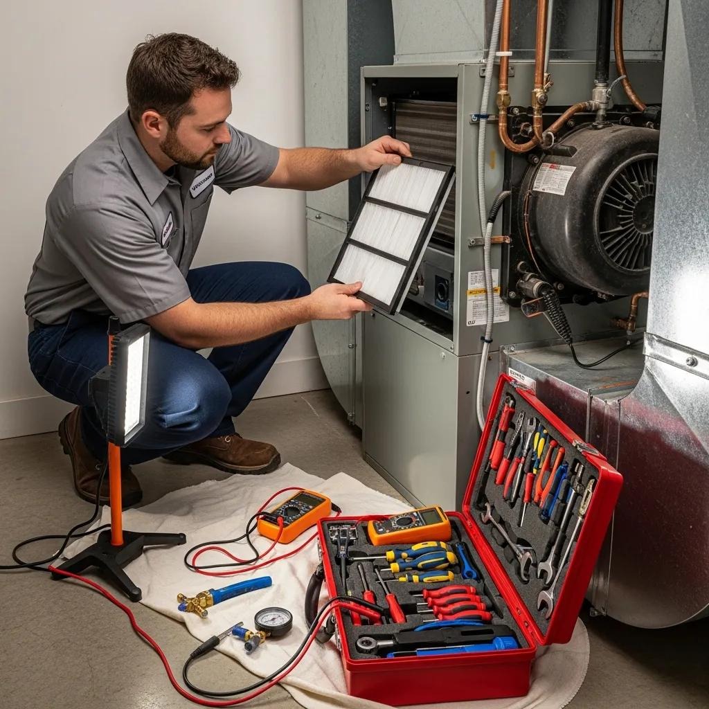 HVAC technician performing maintenance on a residential unit, highlighting the importance of regular upkeep for system lifespan