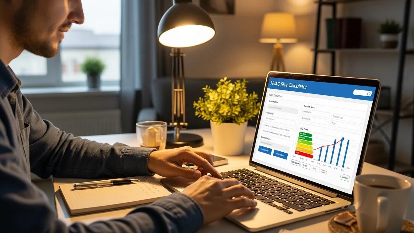 Person using HVAC size calculator on a laptop in a cozy home office, illustrating AC sizing process