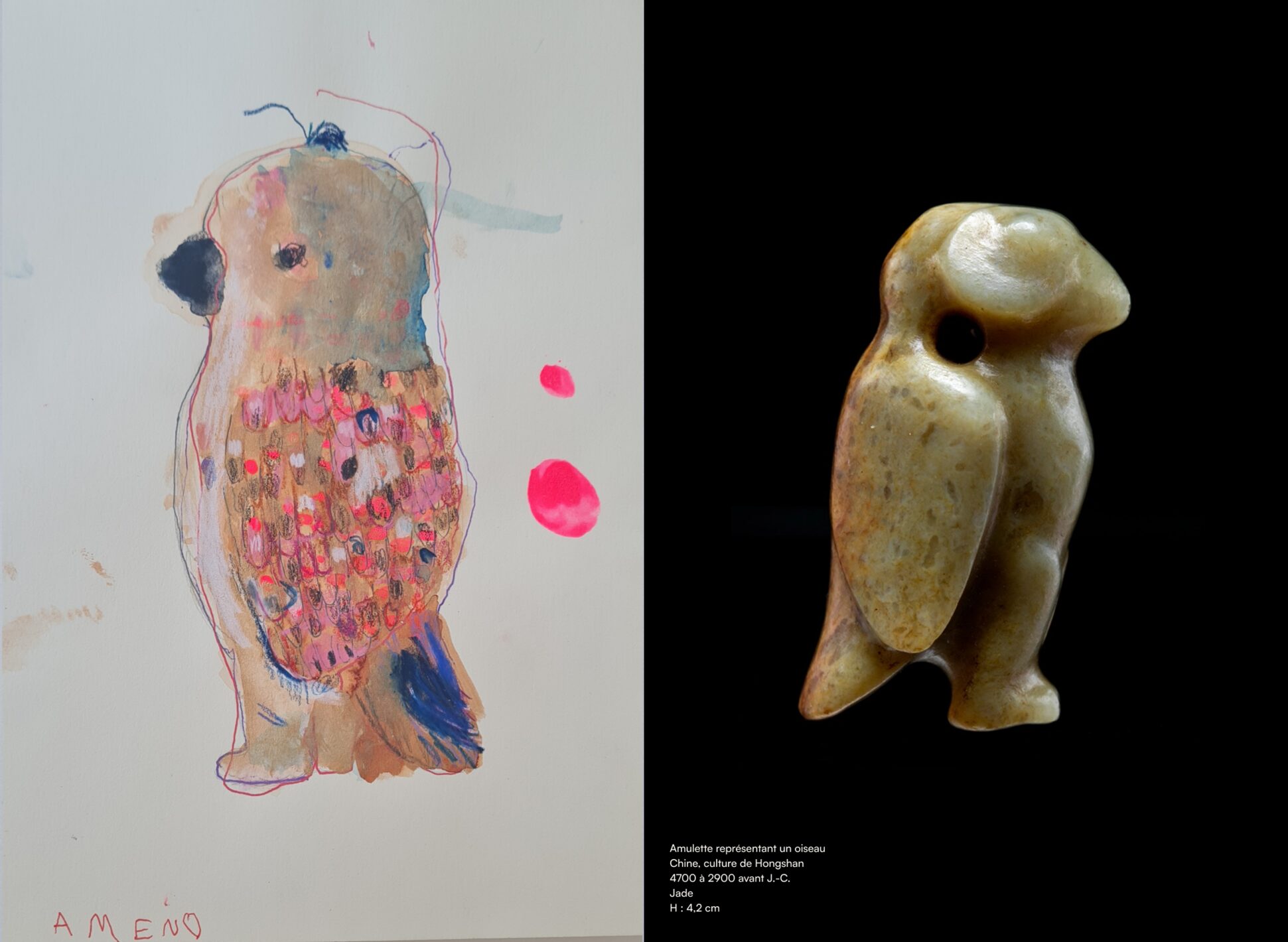 Dessin d’enfant et amulette représentant un faucon, Égypte, culture de Nagada, IVe millénaire avant J.-C.