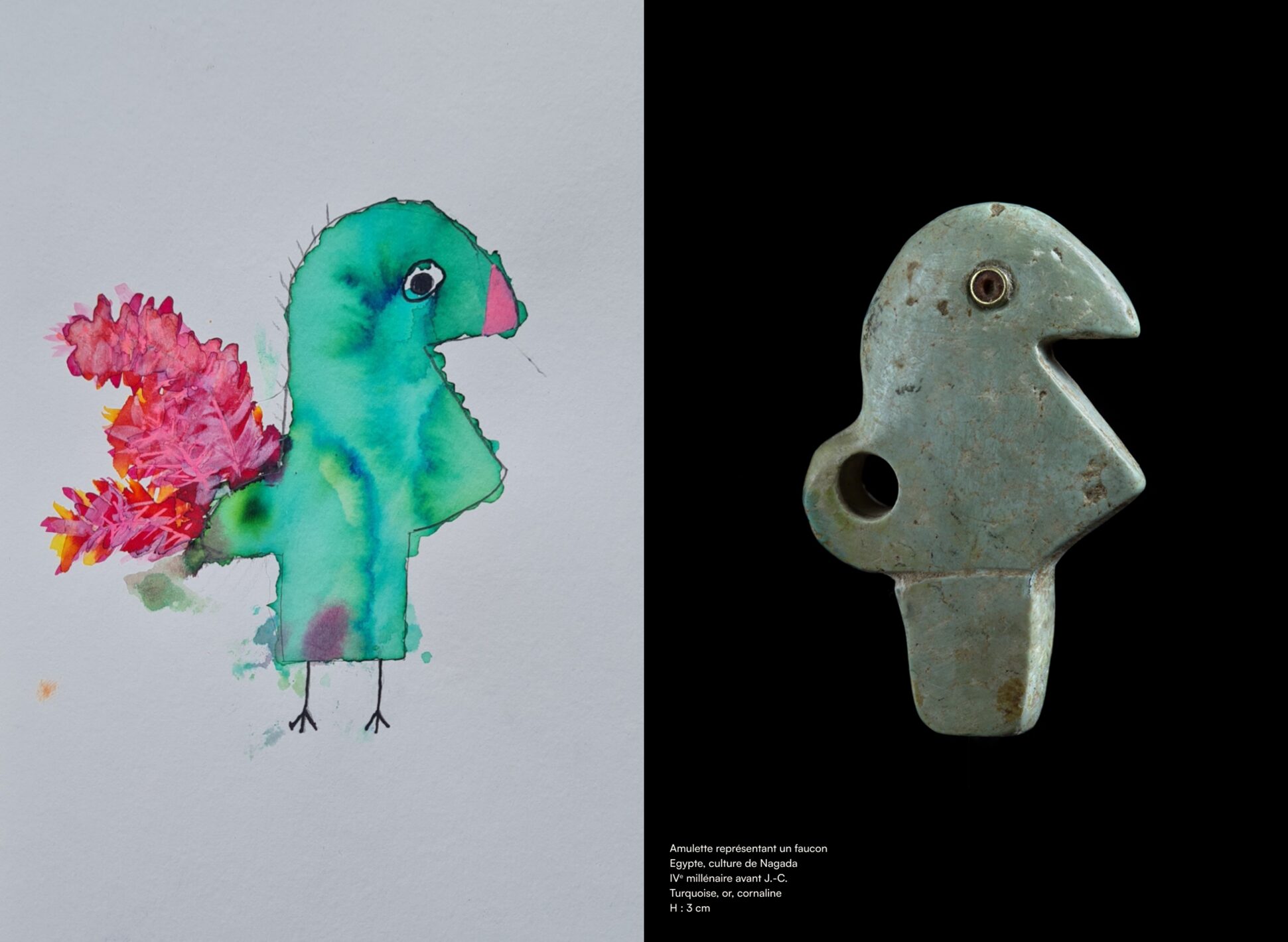 Dessin d’enfant et amulette représentant un oiseau, Chine, culture de Hongshan, 4700 à 2900 avant J.-C., jade