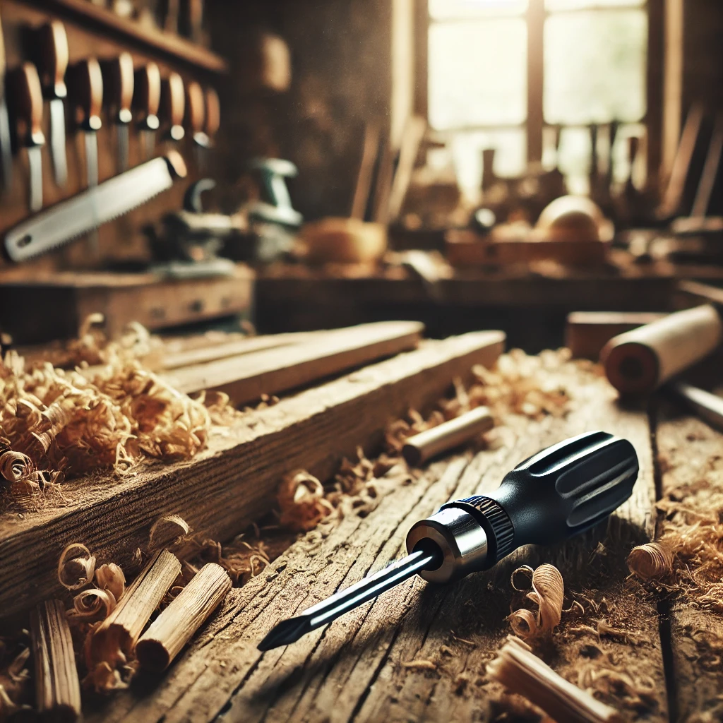 A screwdriver lying on a wooden plank surrounded by wood shavings in a woodworking workshop setting. The background shows tools like saws, chisels