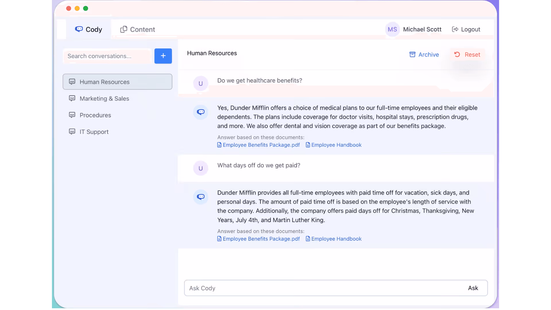 Cody can serve as an AI writer or customer support bot
