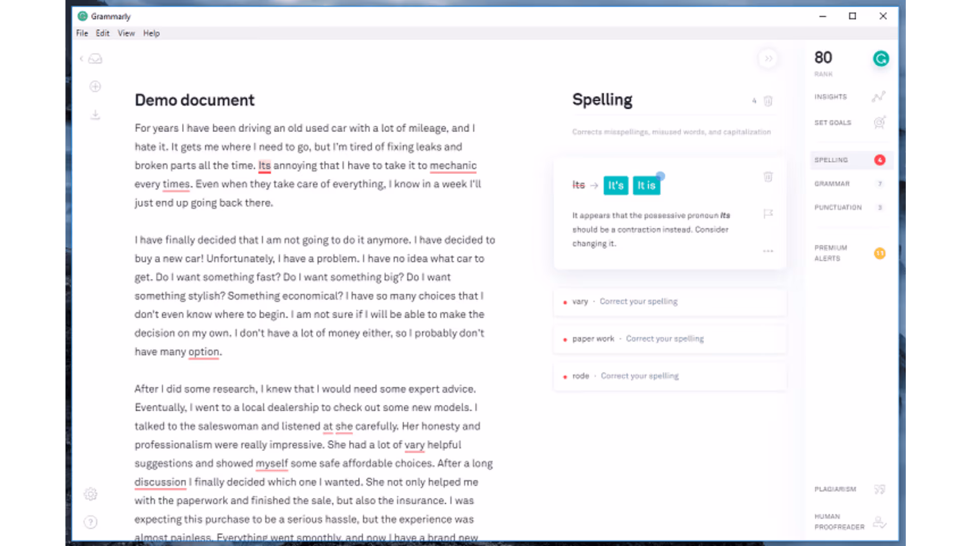 Thanks to natural language processing Grammarly suggests improvements in writing