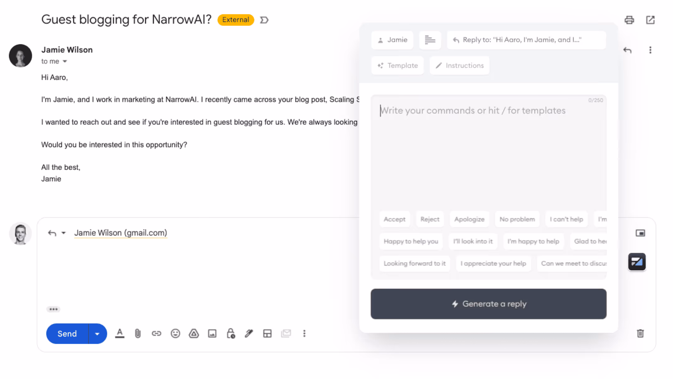flowrite is a generative ai that shows suggested replies and create message for users