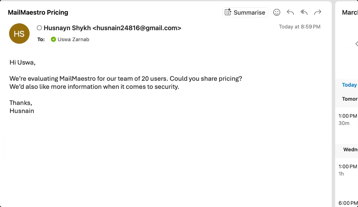 Incoming email asking about MailMaestro pricing and security