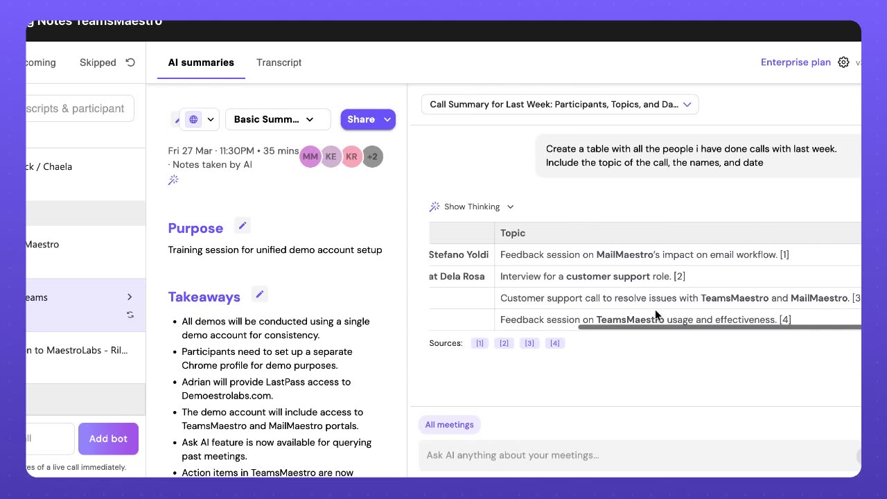 AI-generated table listing last week's meetings with dates, participants, and topics