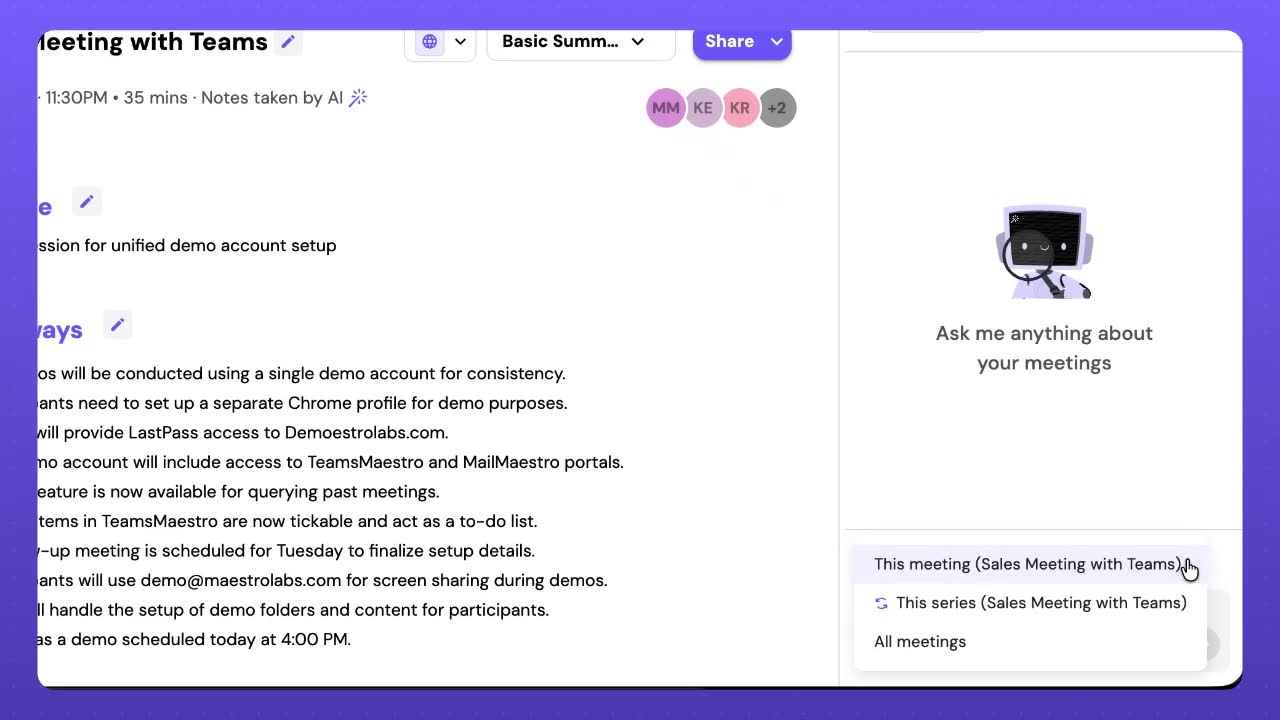 Ask AI sidebar showing scope options for this meeting, this series, or all meetings