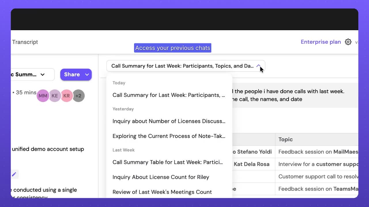 Ask AI chat history dropdown grouped by Today, Yesterday, and Last Week