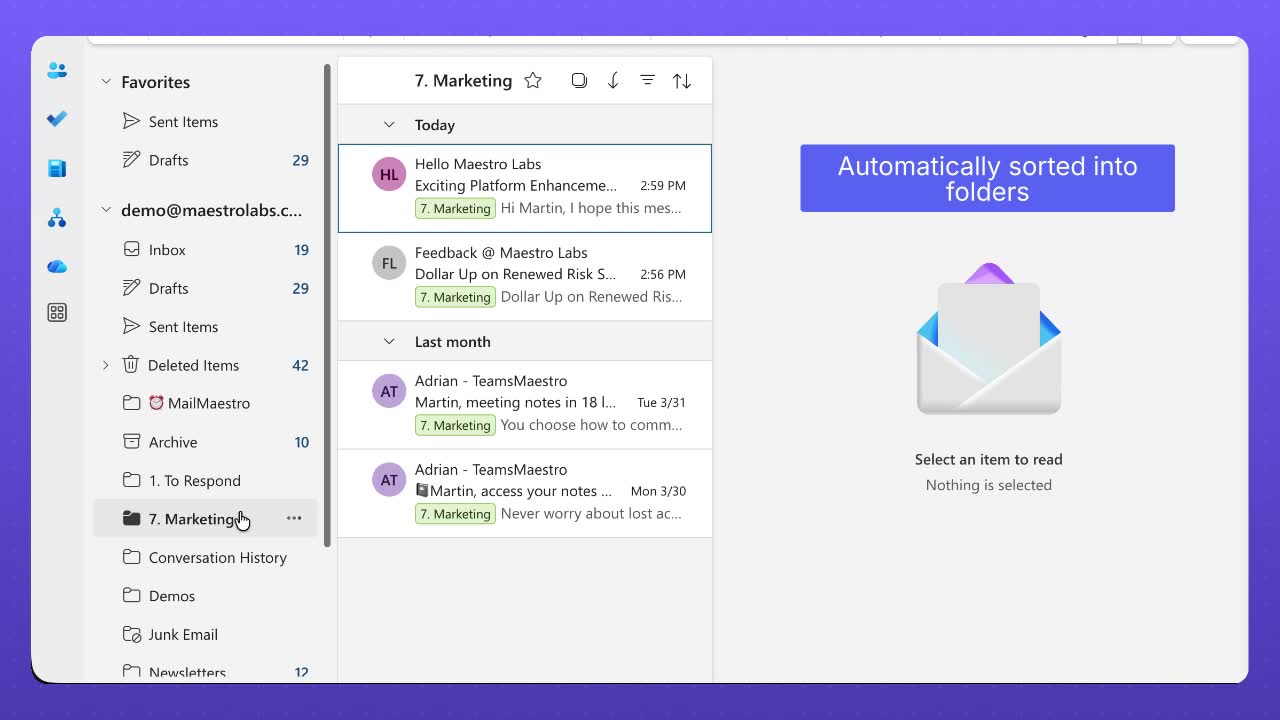 Labeled emails sorted into their own folders in Outlook