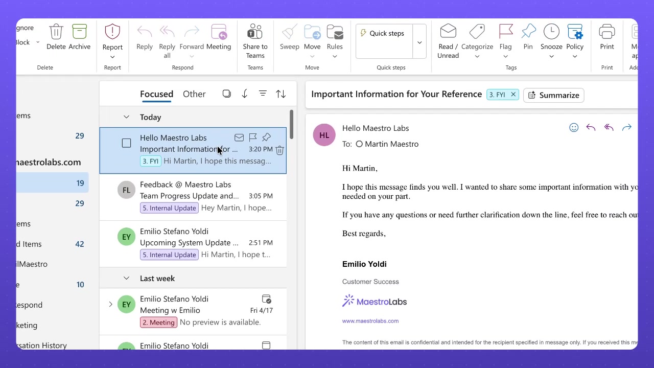 MailMaestro auto labels applied to a focused Outlook inbox