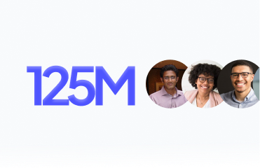 Large blue text reading '60M' followed by circular photos of three diverse smiling people.