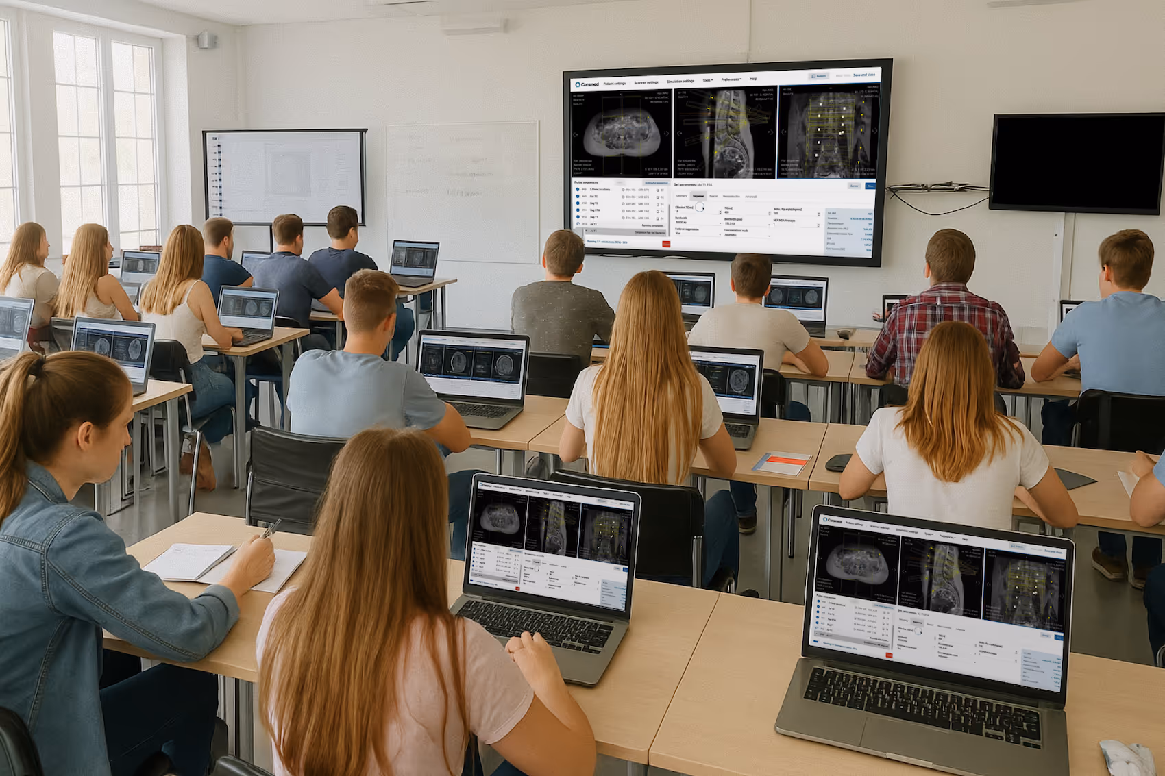 College students practicing on Corsmed's MRI simulator in a classroom