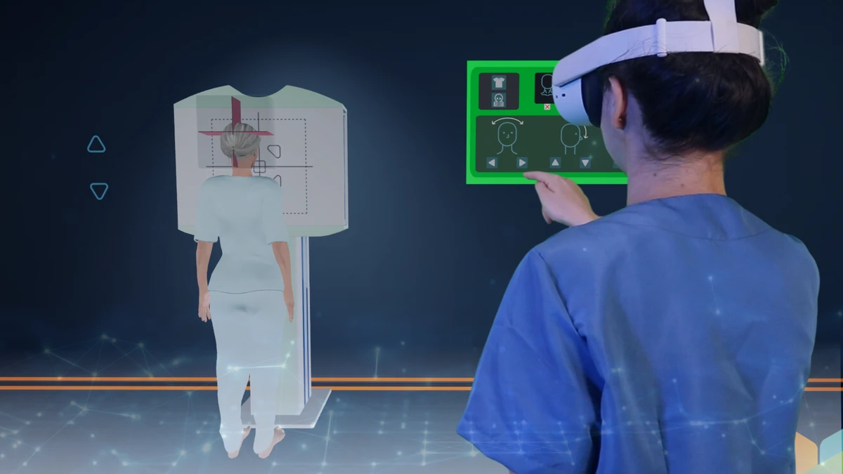 An MRI technologist with a VR headset, practicing the scanning workflow in a virtual clinic environment