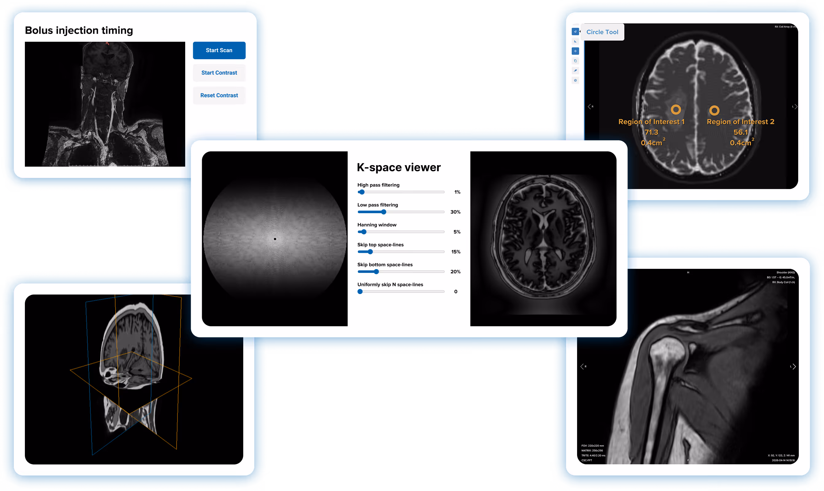 A collage of screenshots from Corsmed's MRI training platform showing five imaging tools placed around the MRI simulator: 1) the k-space viewer, 2) the bolus injection timing tool, 3) the 3D viewer showing a rotatable brain model, 4) the post-processing tool with a circular ROIs drawn on a brain scan, and 5) the DICOM viewer showing a shoulder scan