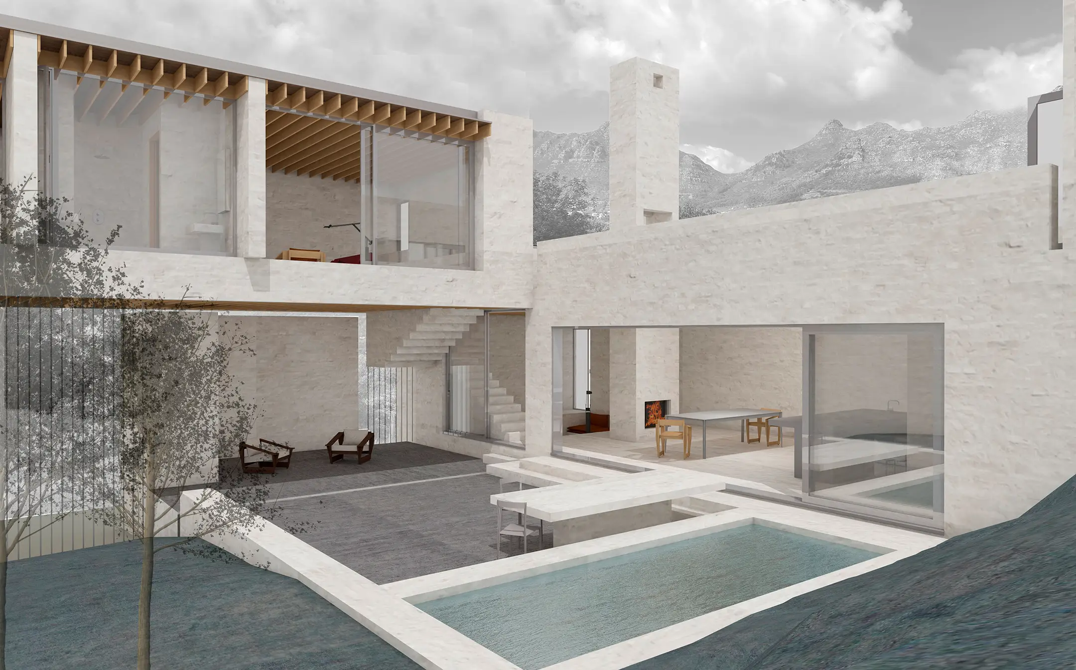 Modern courtyard house with a swimming pool, glass walls, outdoor seating area, and mountain backdrop.