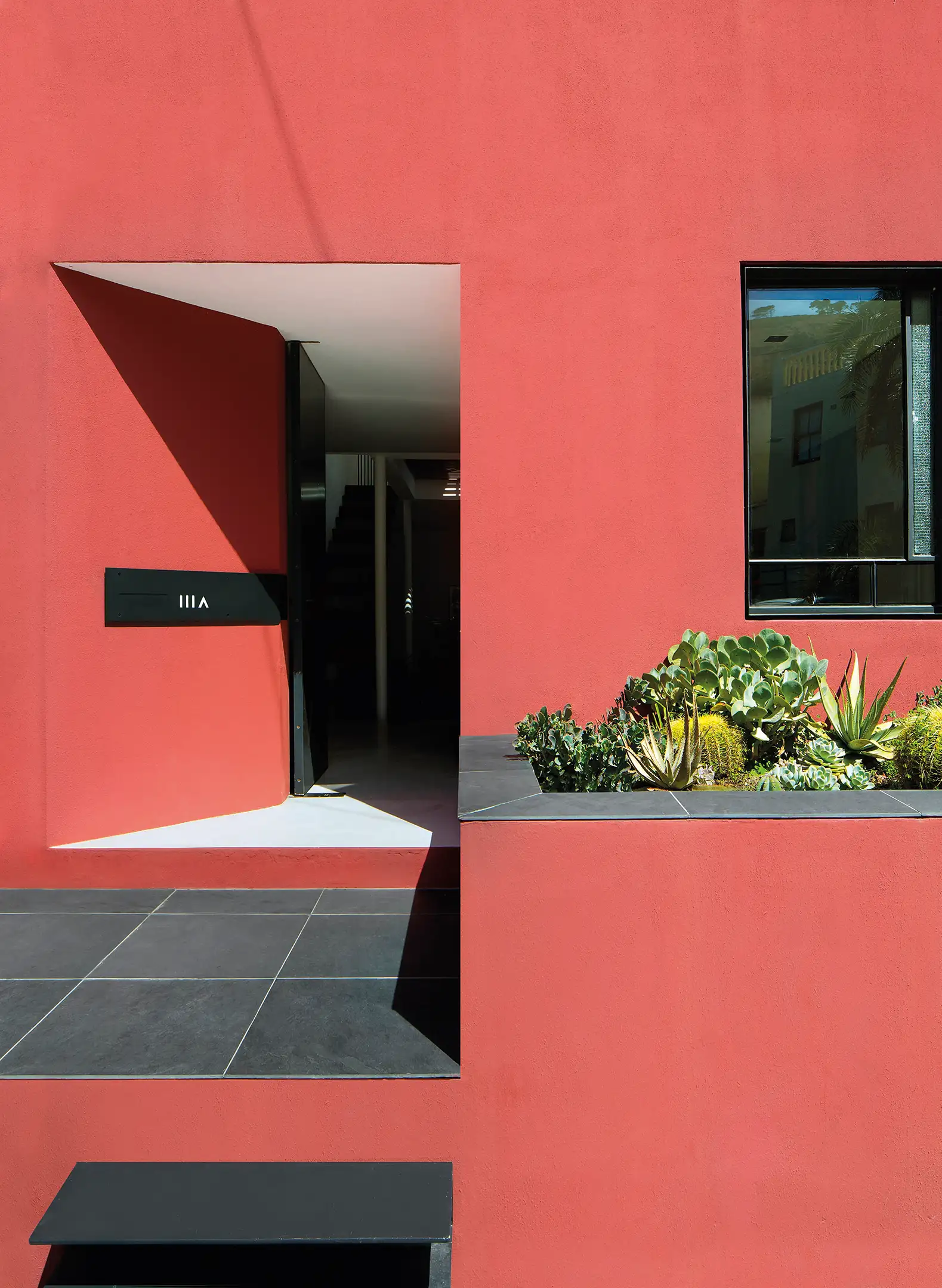 Modern red exterior wall with open doorway, black tile floor, window, and planter with succulents.