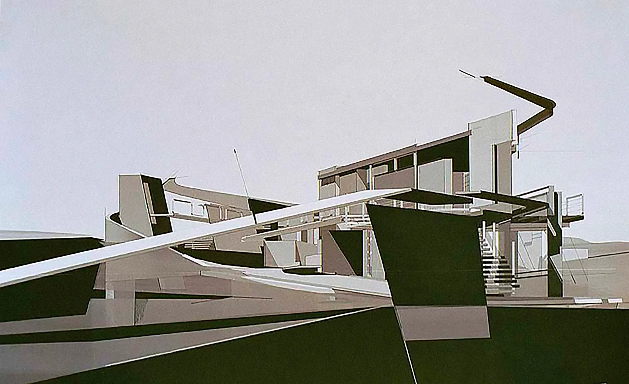 Abstract architectural design featuring angular shapes and intersecting planes in muted tones.