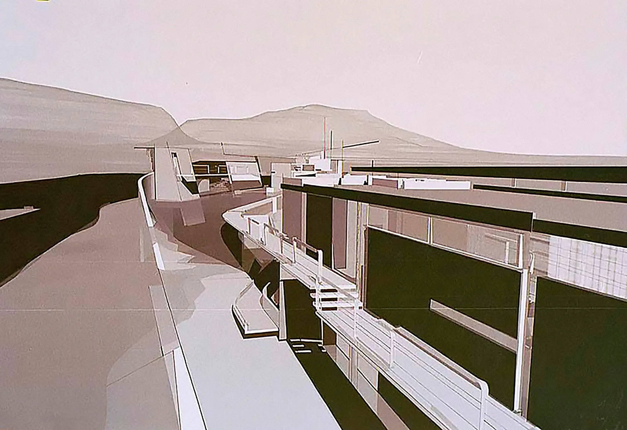 Digital architectural rendering of a modern building with walkways and mountainous landscape in background.