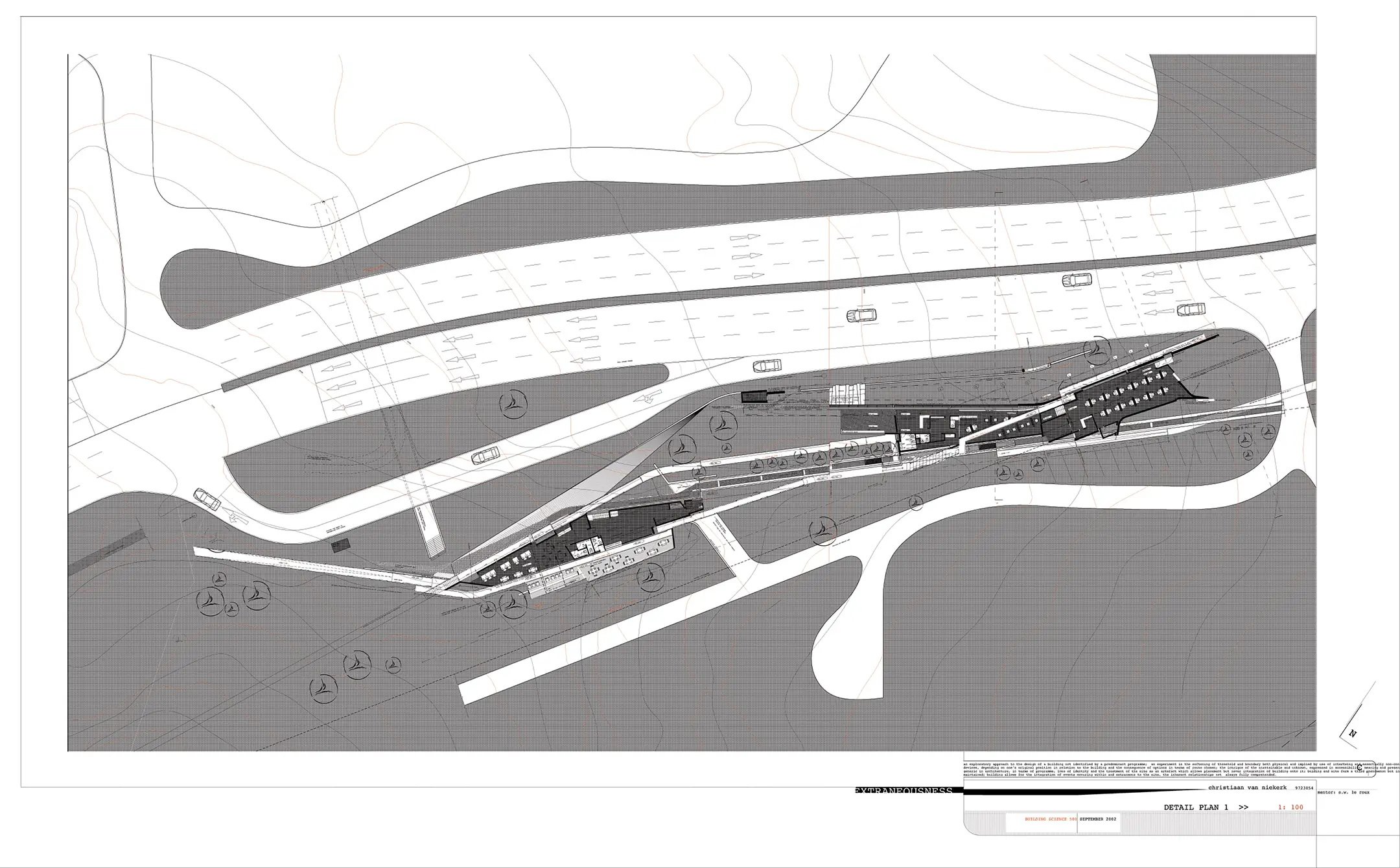 Technical sectional elevation drawing of a CCTV control centre building with structural details and human figures.