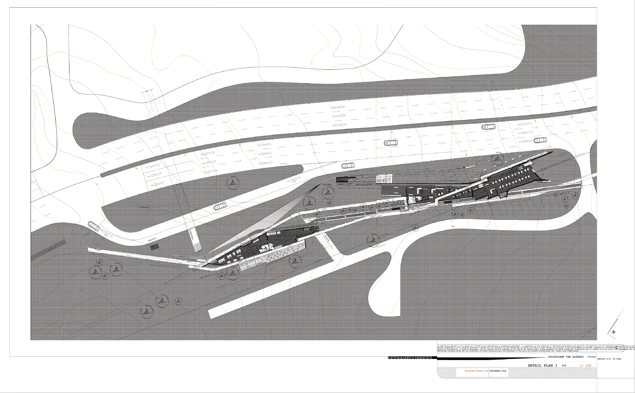 Architectural site plan showing building layout, roads, parking, and landscaping details from above.