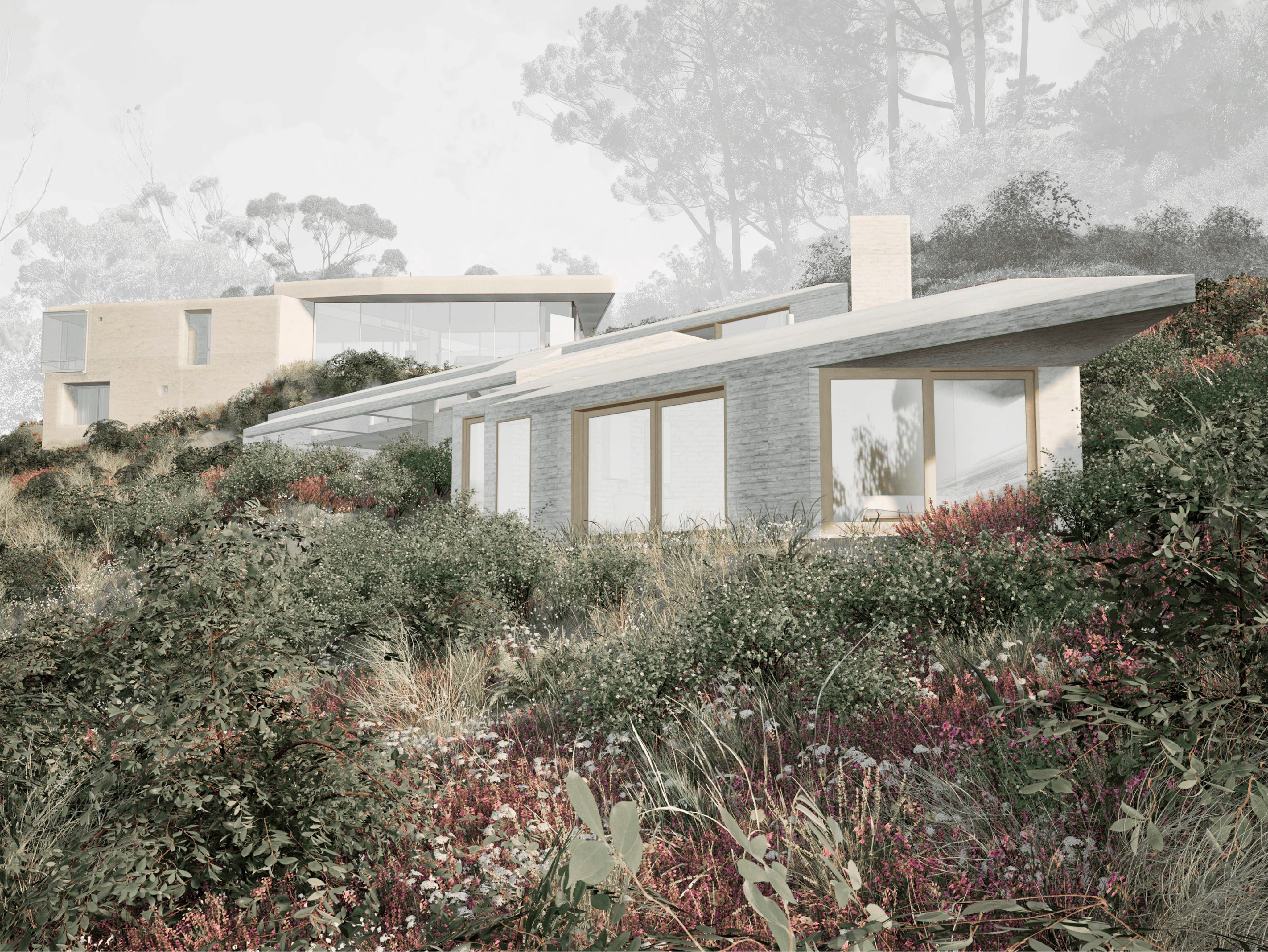 Modern hillside house with large windows surrounded by lush greenery and wildflowers.