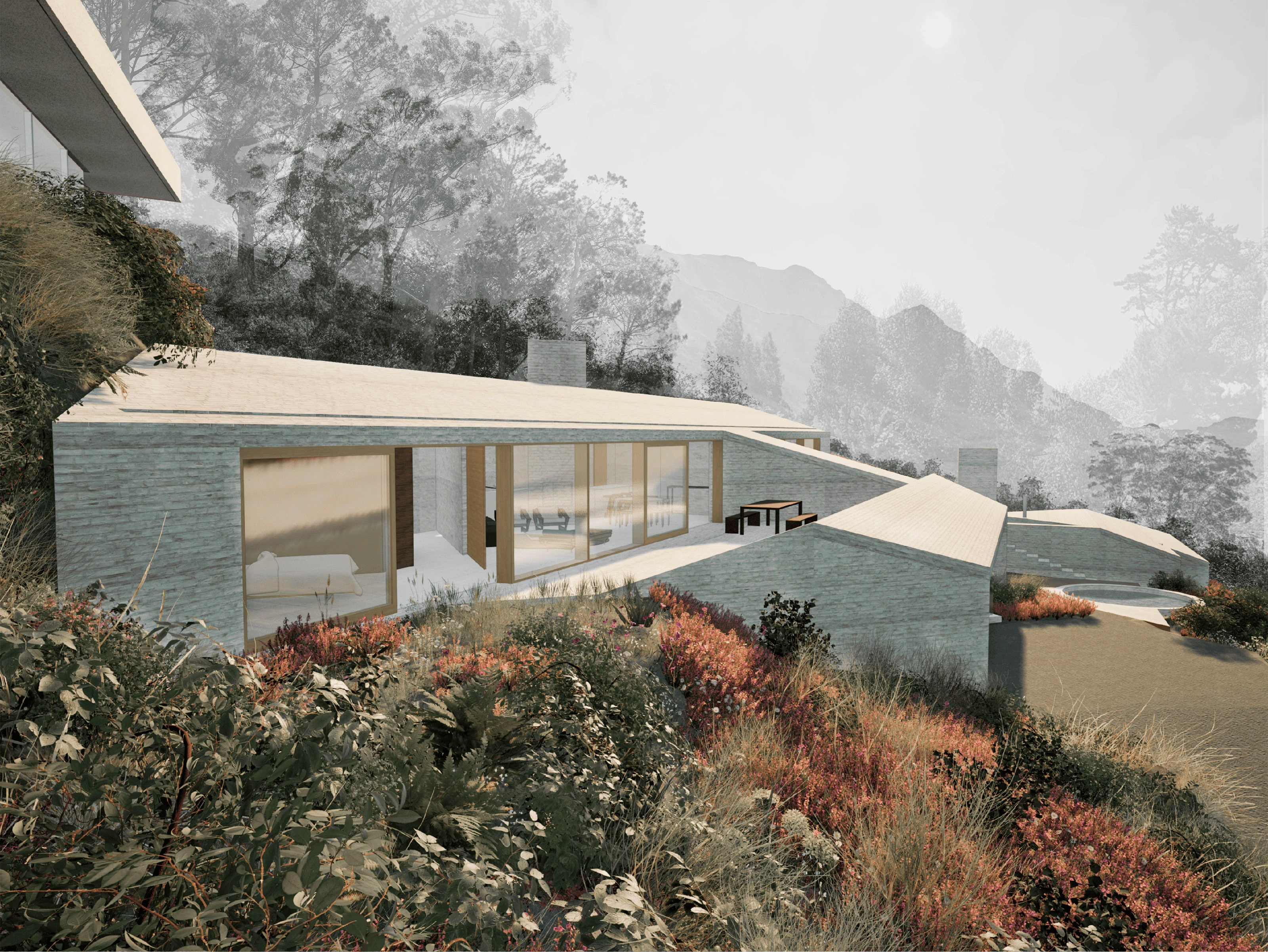 Modern house with large windows surrounded by shrubs and greenery on a sloping hillside.