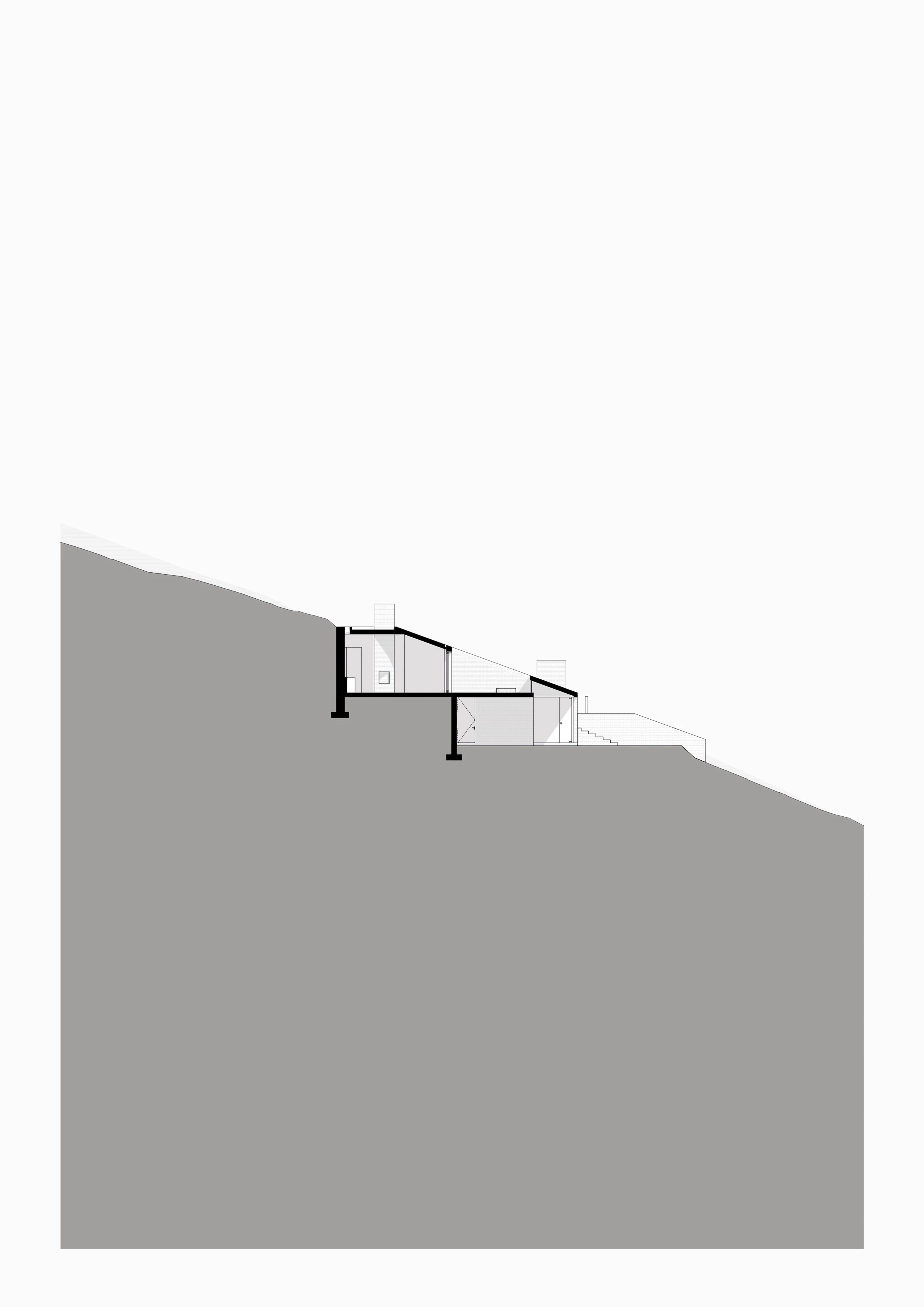 Architectural section of a house built into a sloping hillside showing interior rooms and structure.