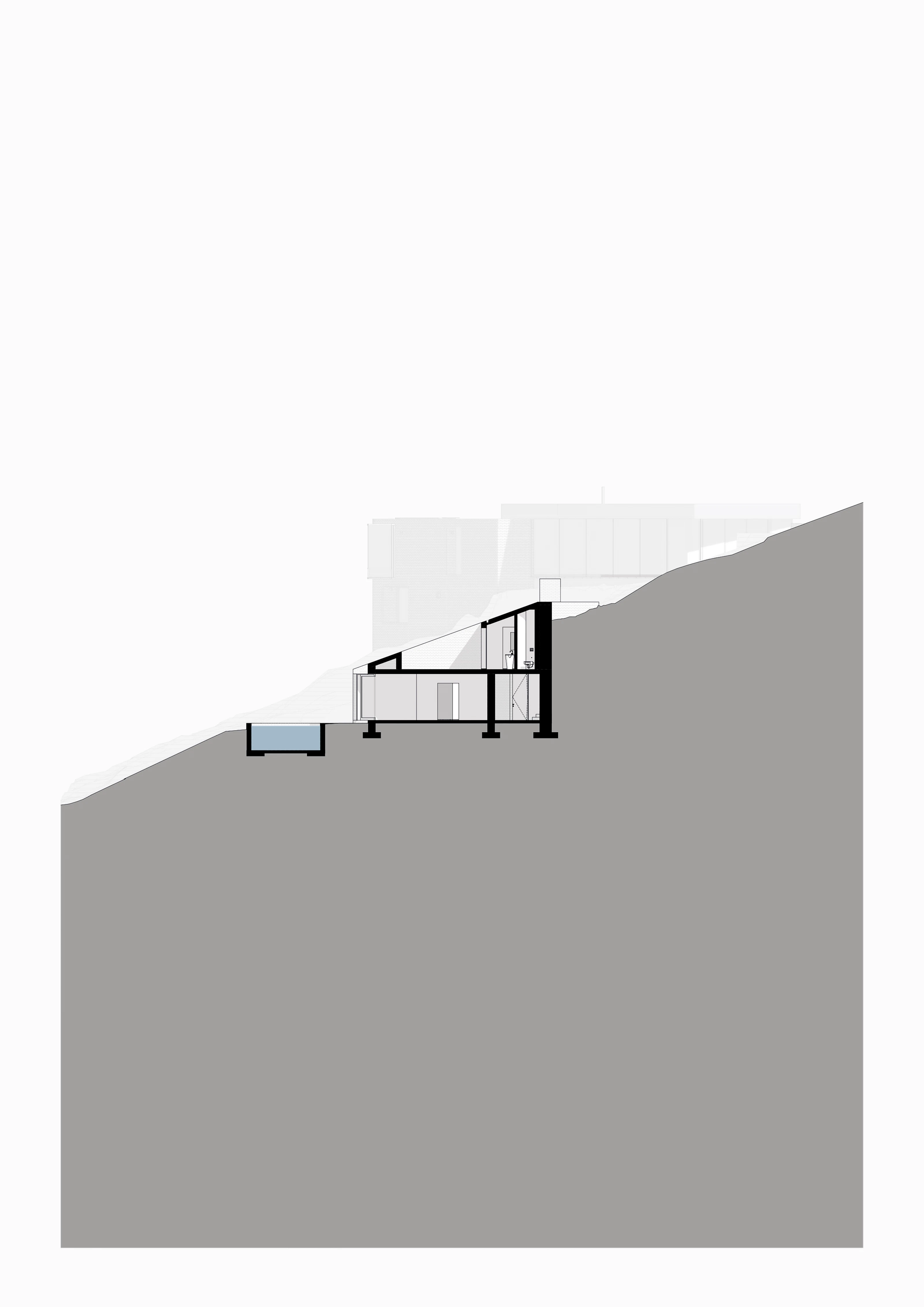 Architectural section drawing of a modern house built into a slope with a cantilevered pool.