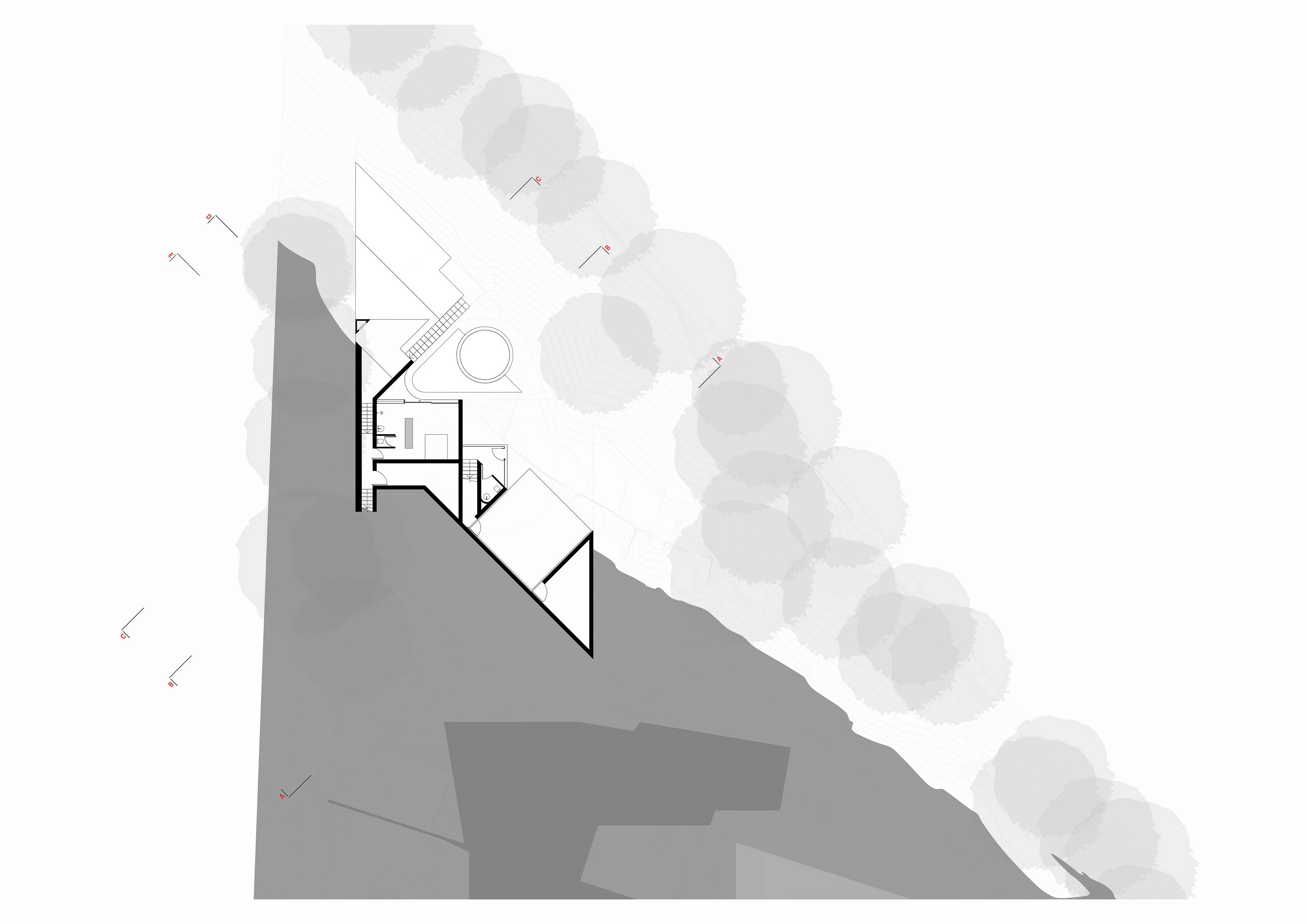 Architectural floor plan of a house section with rooms, stairs, and surrounding trees on a sloped site.