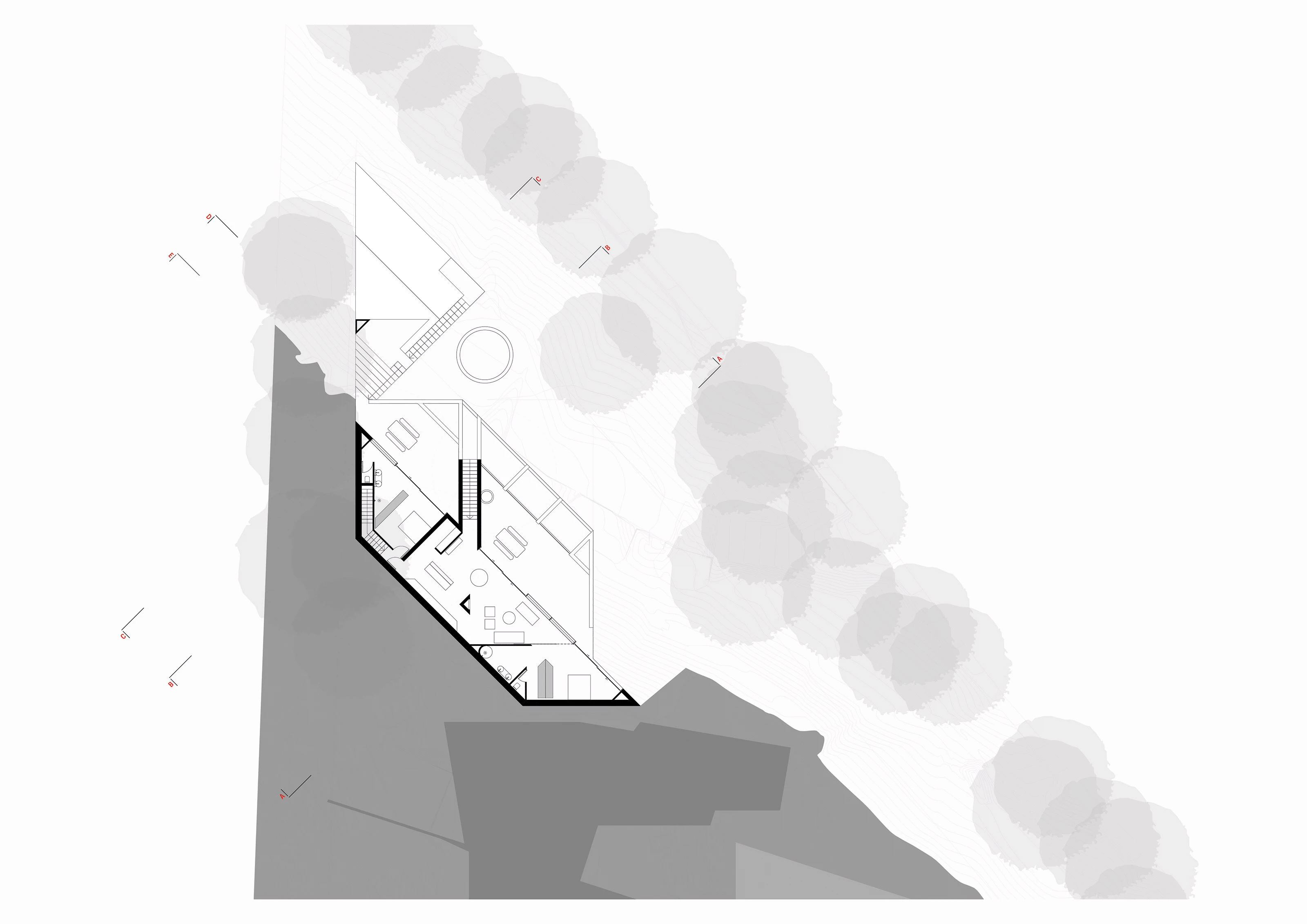 Architectural floor plan showing room layout with furniture, stairs, and surrounding trees in grey.