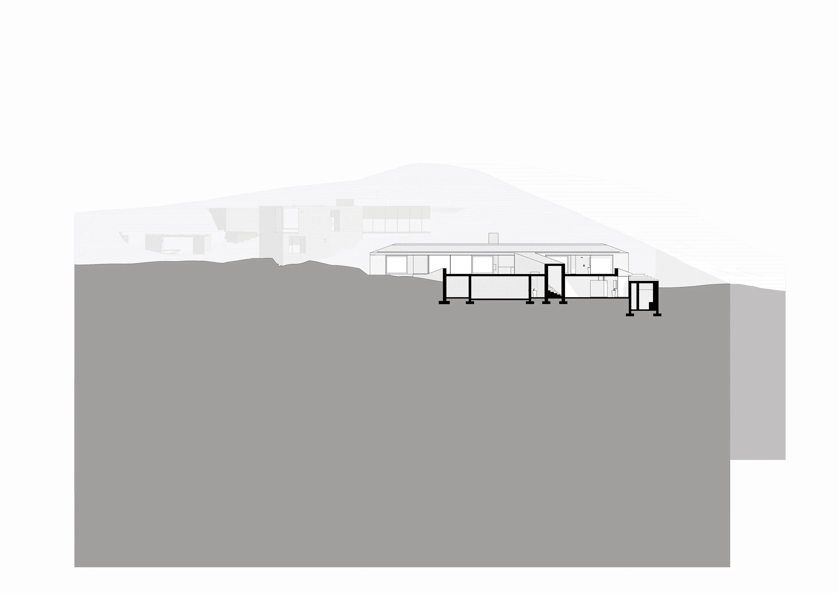 Architectural section drawing of a building with foundation details and sloped ground.