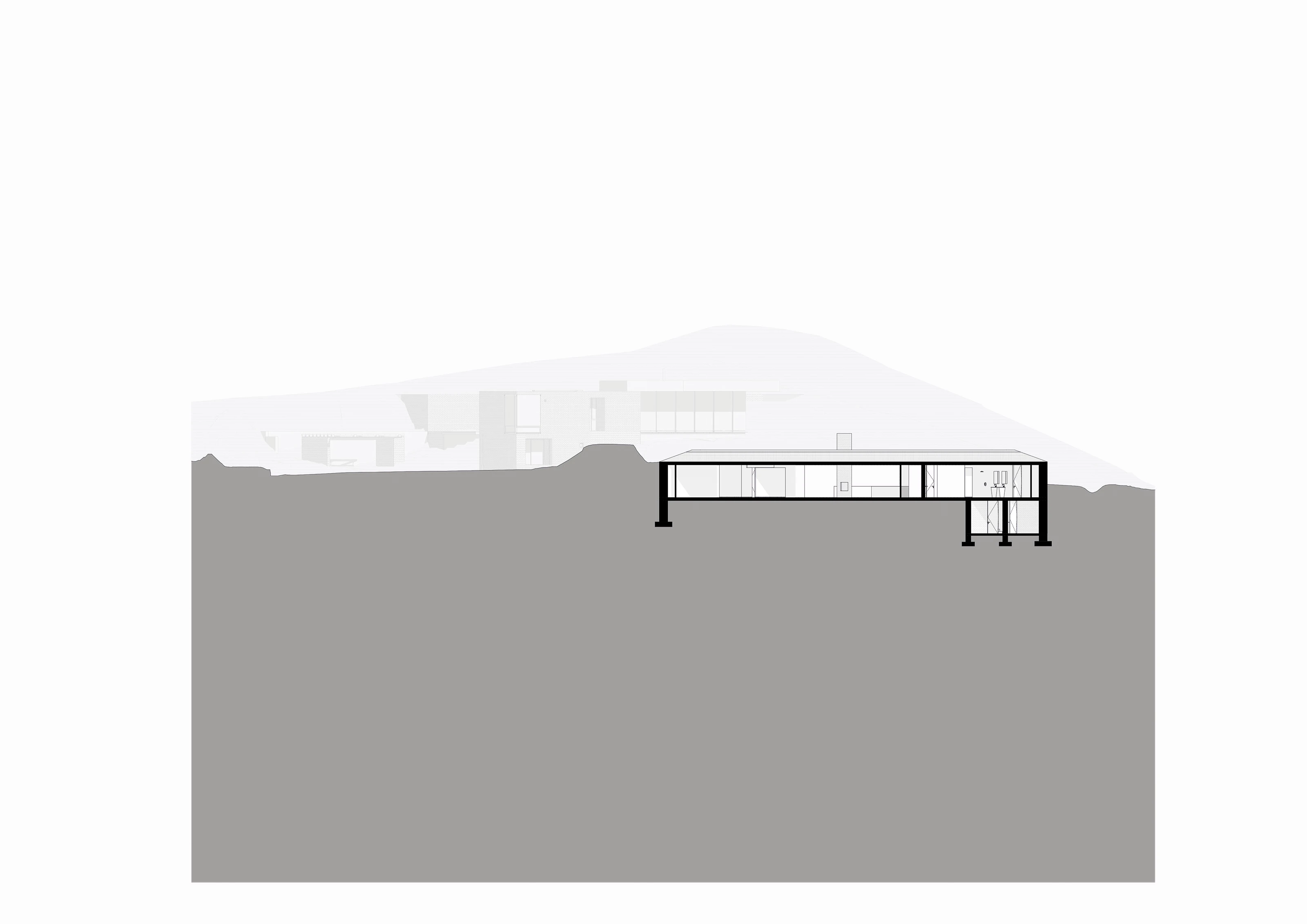 Architectural section of a modern building elevated on stilts over sloping terrain.