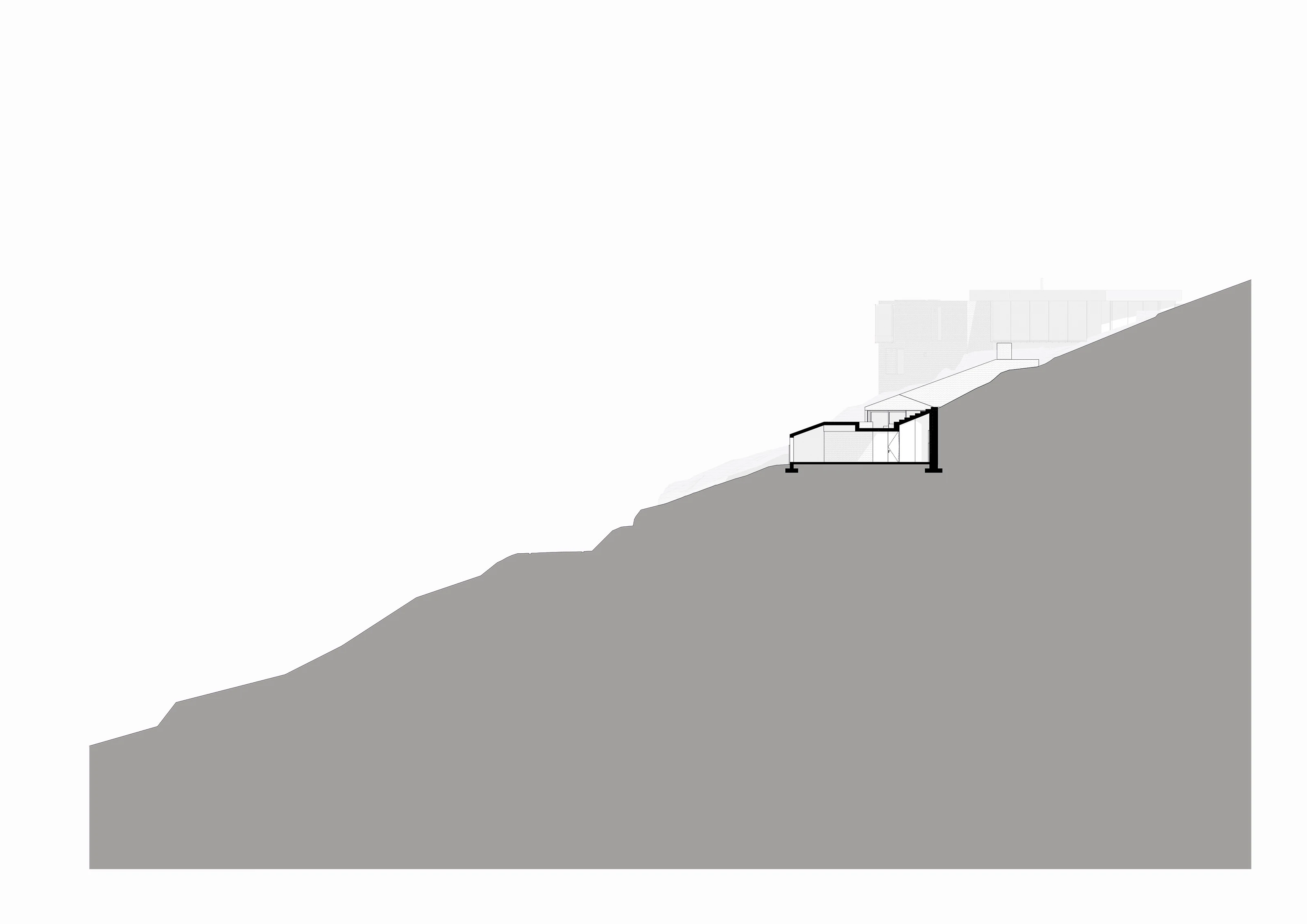 Architectural section showing a building partially embedded in a steep hill with detailed structural elements.