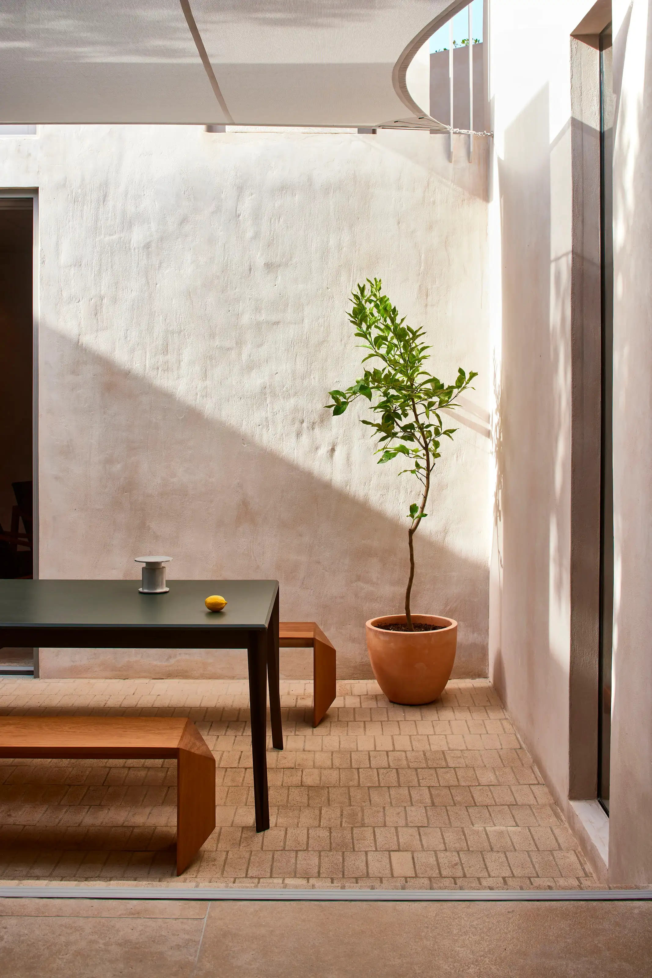 Minimalist outdoor patio with wooden benches, black table, lemon, and potted plant against plaster walls.
