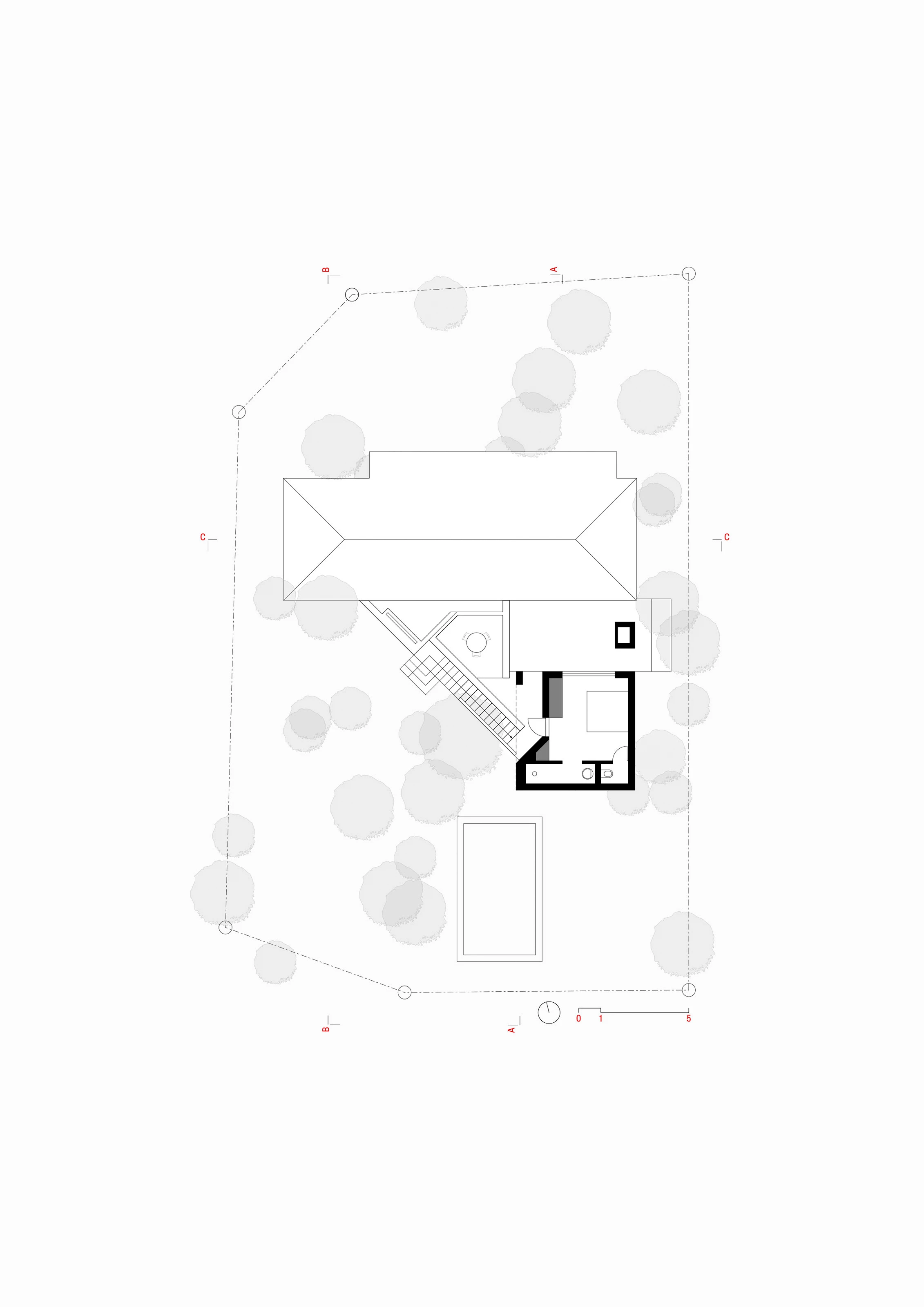 Architectural floor plan of a building with surrounding trees and a rectangular pool within the property boundary.