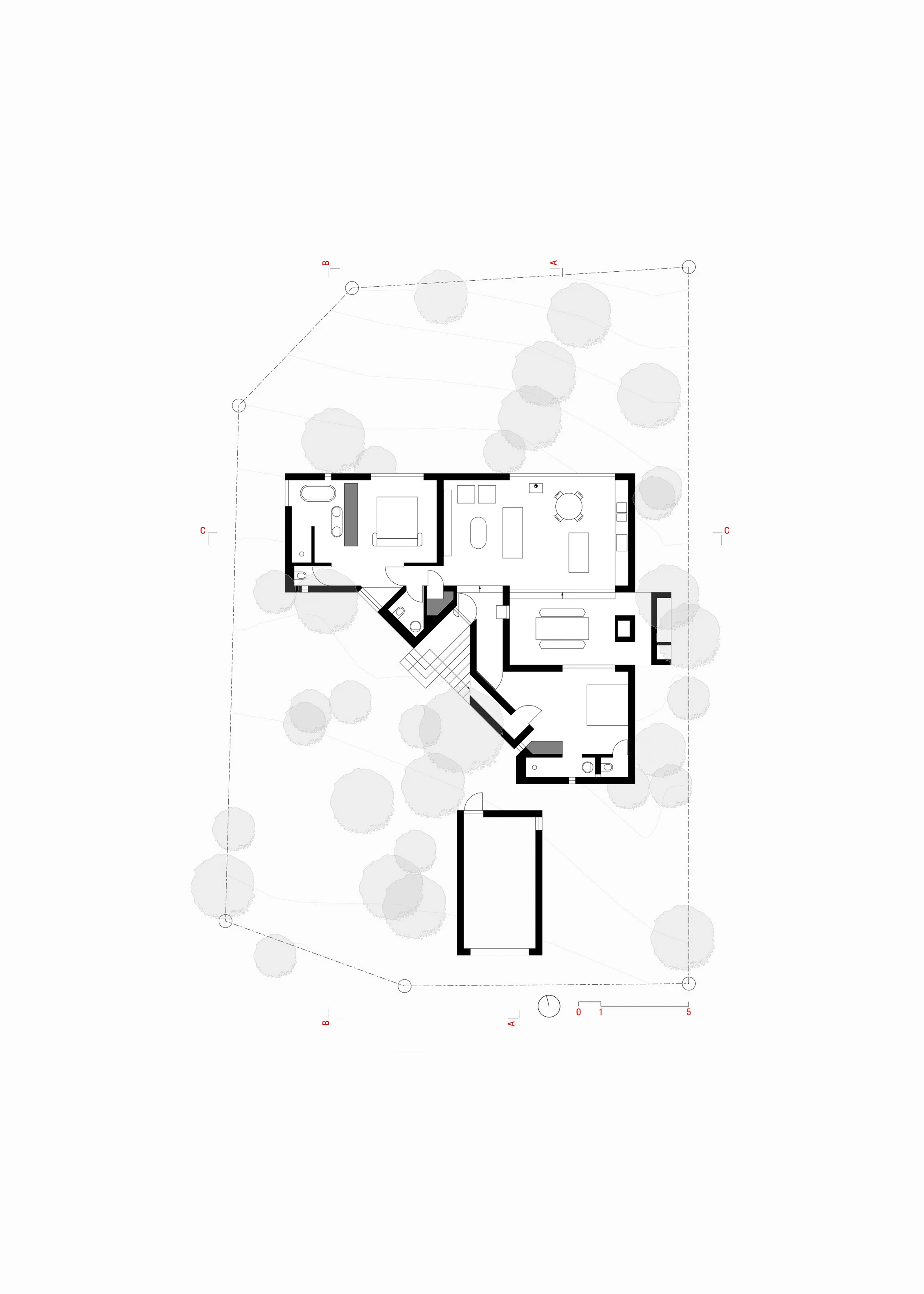 Ground floor architectural plan of a house showing rooms, furniture, and surrounding trees.
