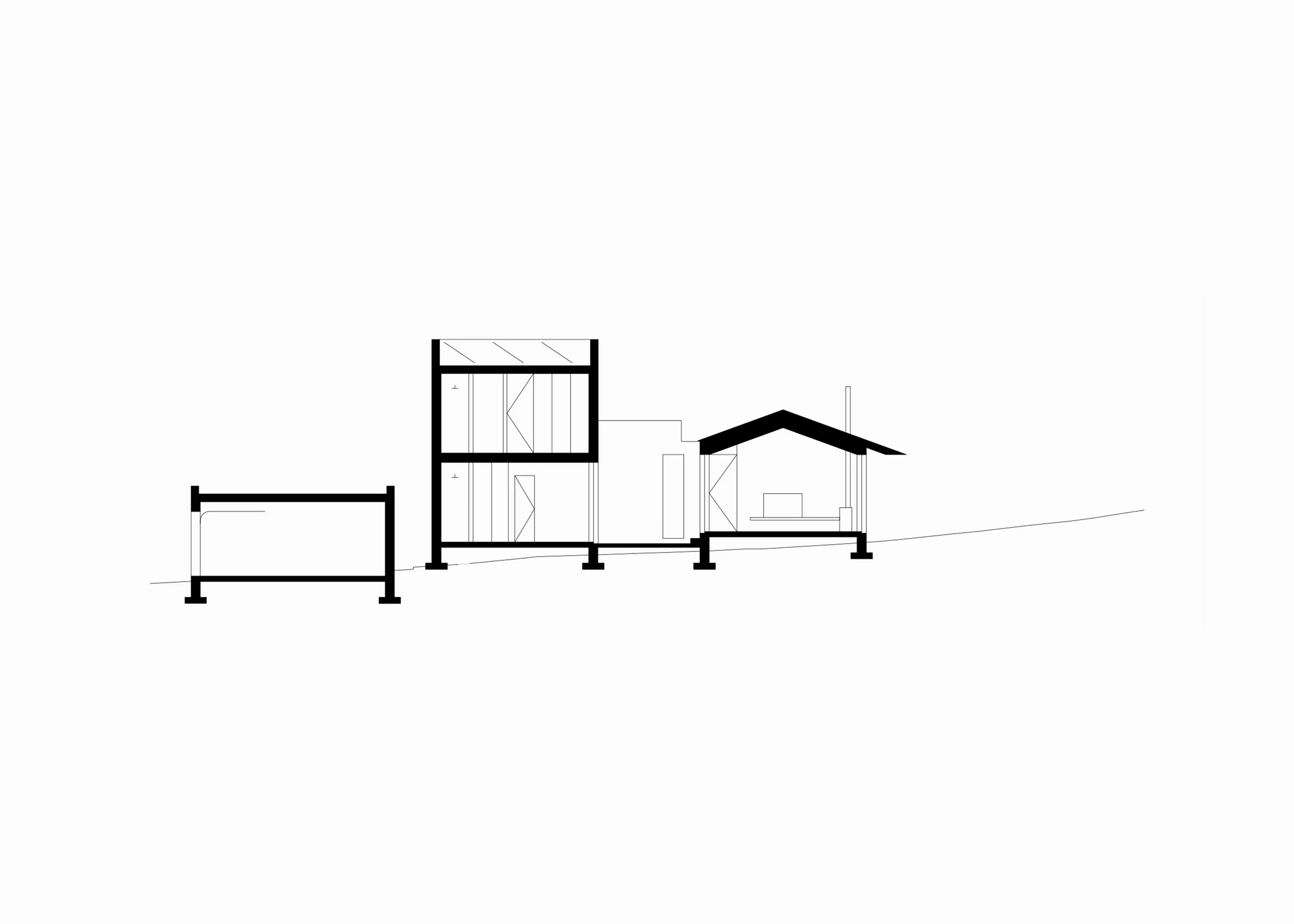 Black and white architectural section drawing of a multi-level house showing structure and interior layout.