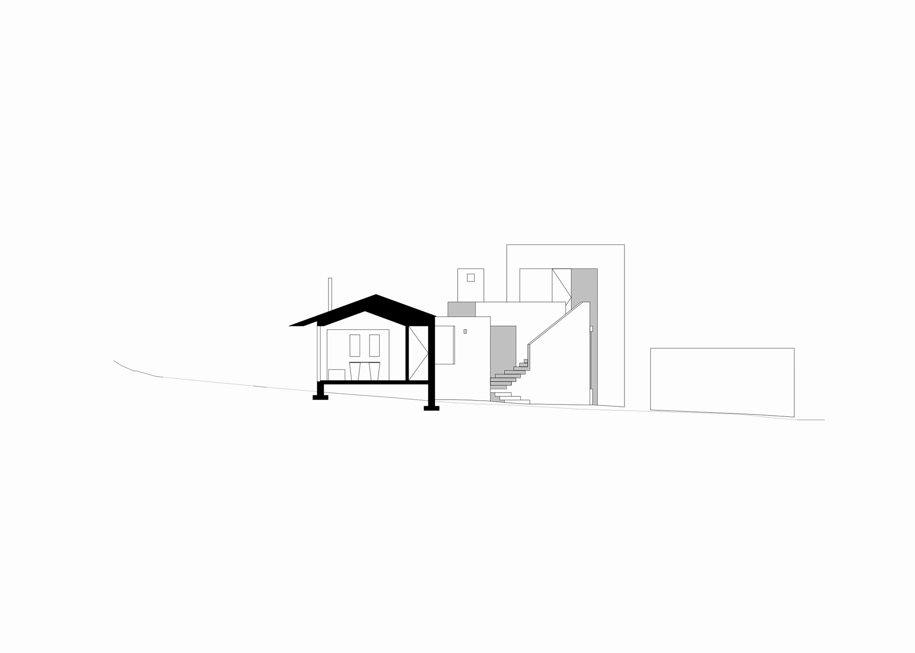 Simple architectural side view of a modern house with stairs and a covered porch.