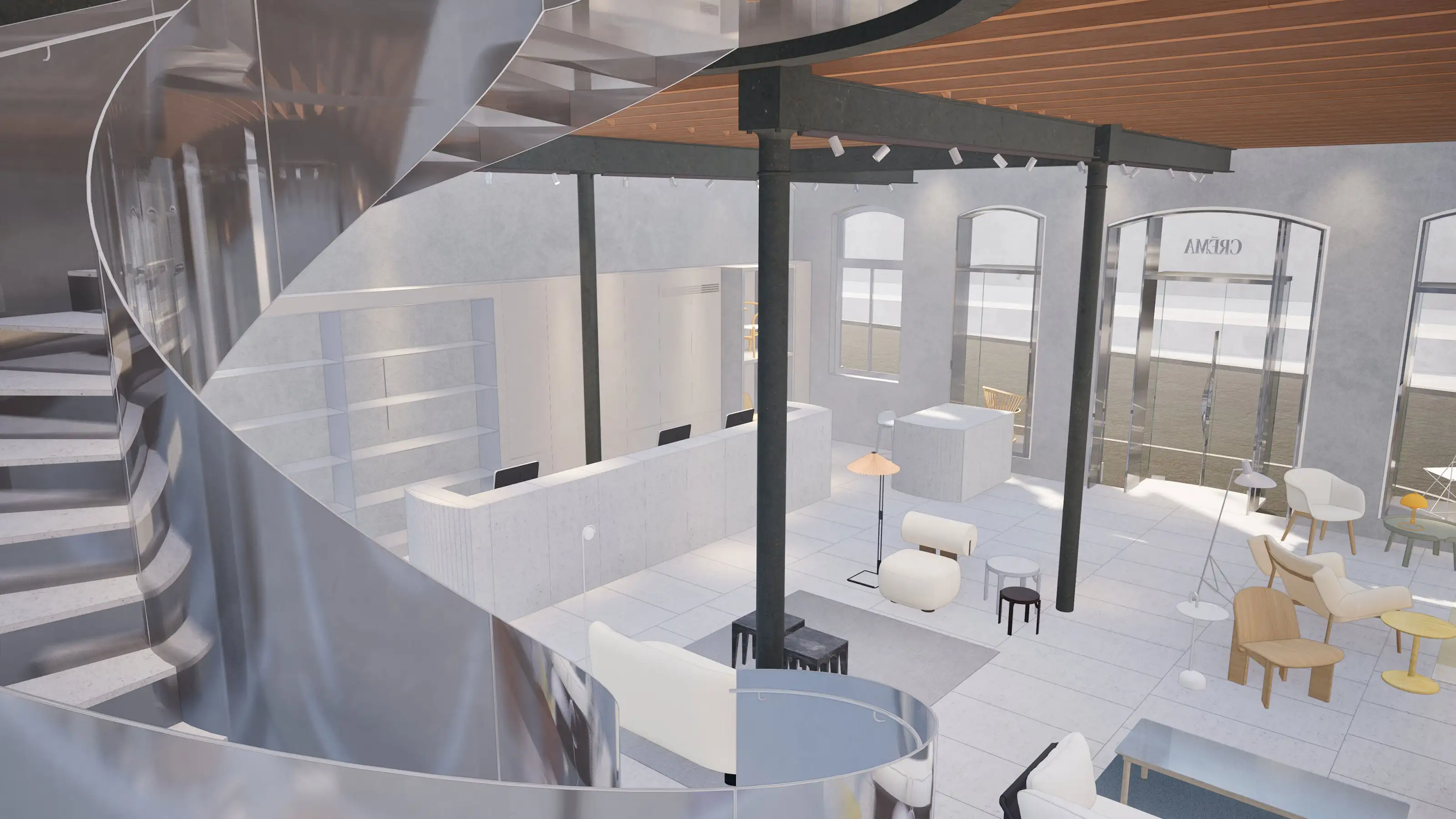 Modern interior with spiral metal staircase, reception desk, chairs, and floor lamps in a spacious room.