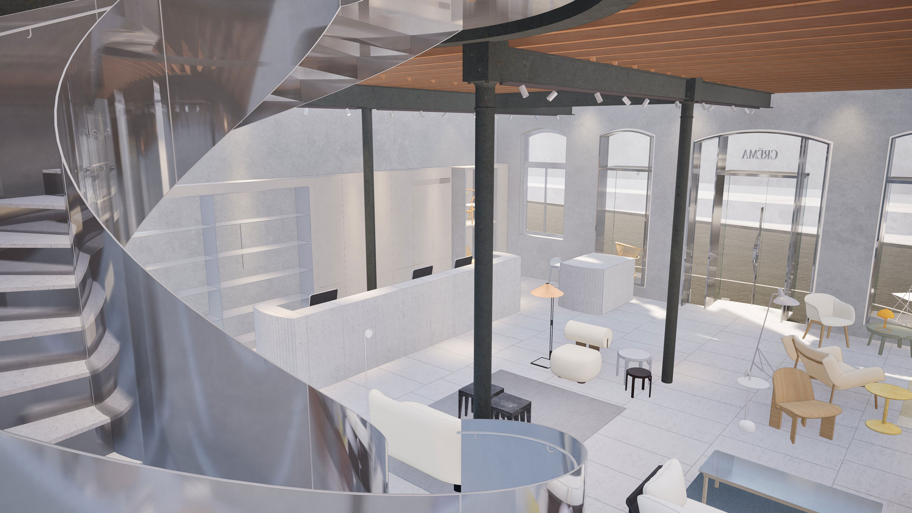 Modern interior with spiral metal staircase, reception desk, chairs, and floor lamps in a spacious room.