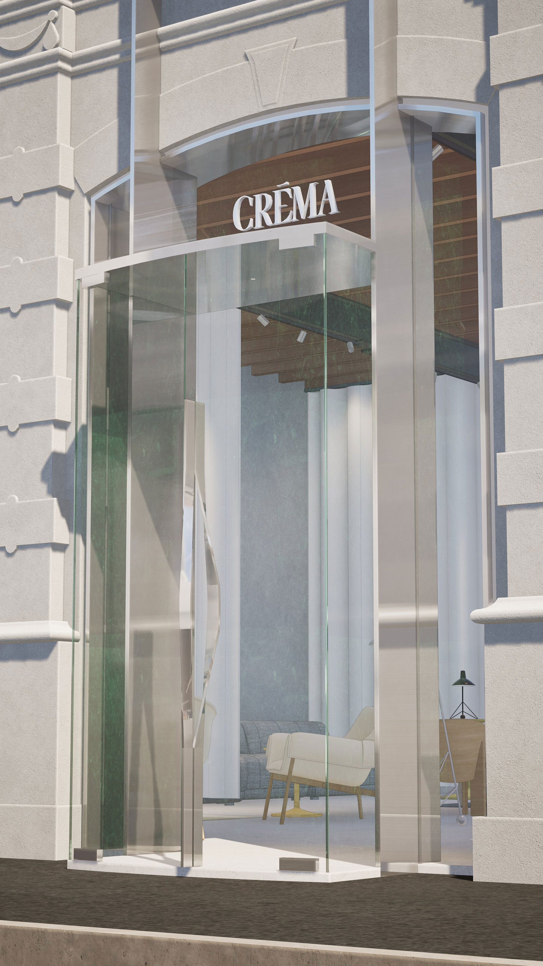 Glass entrance door to building with Créma sign above and visible interior seating.