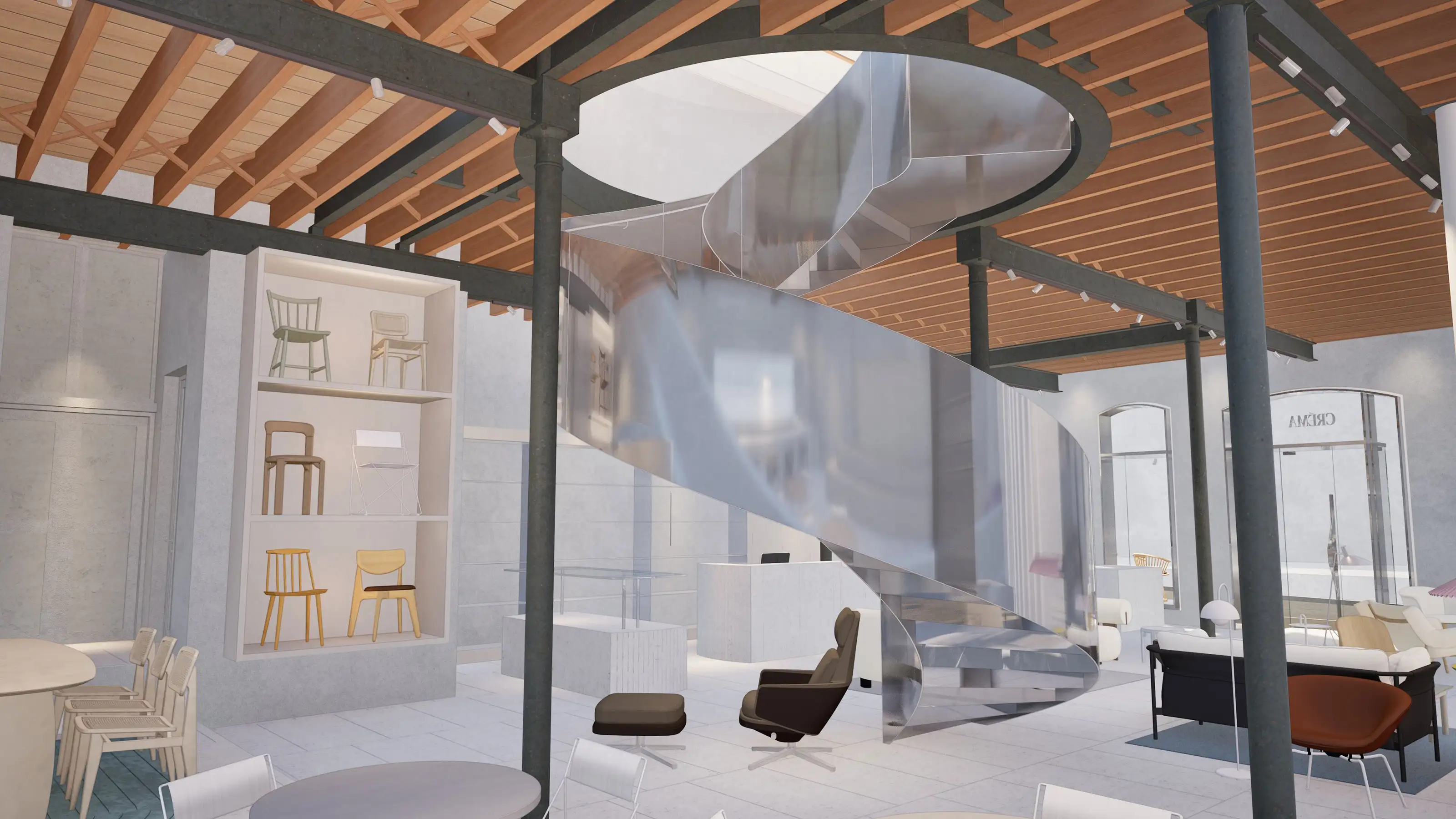 Modern interior with a large shiny metal spiral staircase and various chairs on display in a showroom.