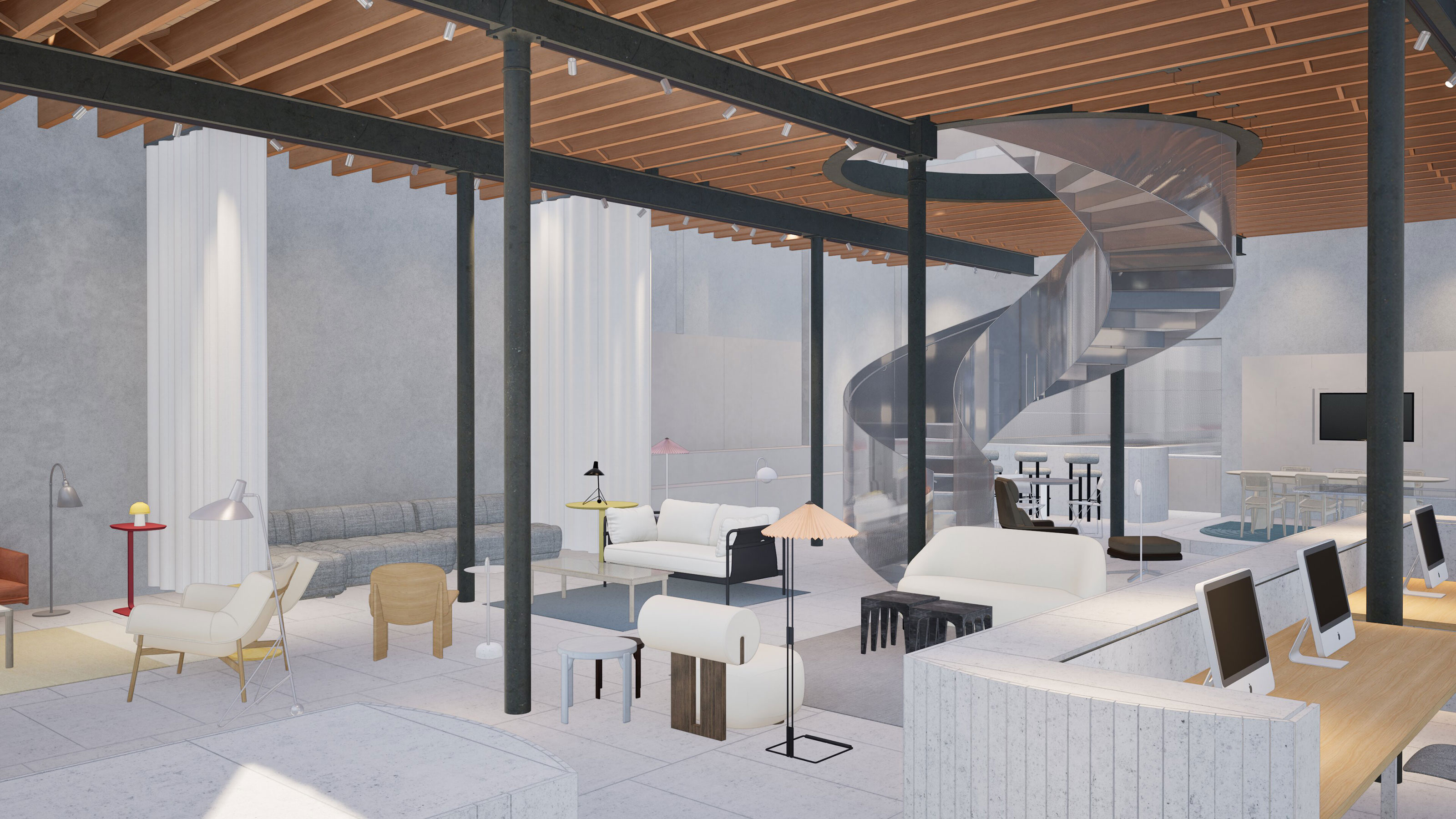 Modern open workspace with spiral staircase, computers on desks, sofas, and various seating areas.