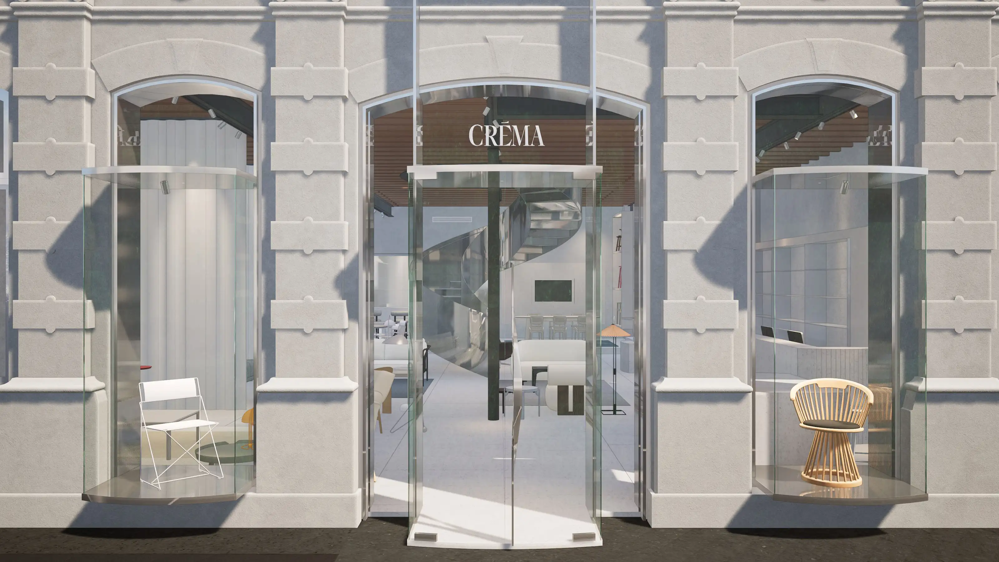 Front glass entrance of Créma café with curved windows displaying two modern chairs on either side.