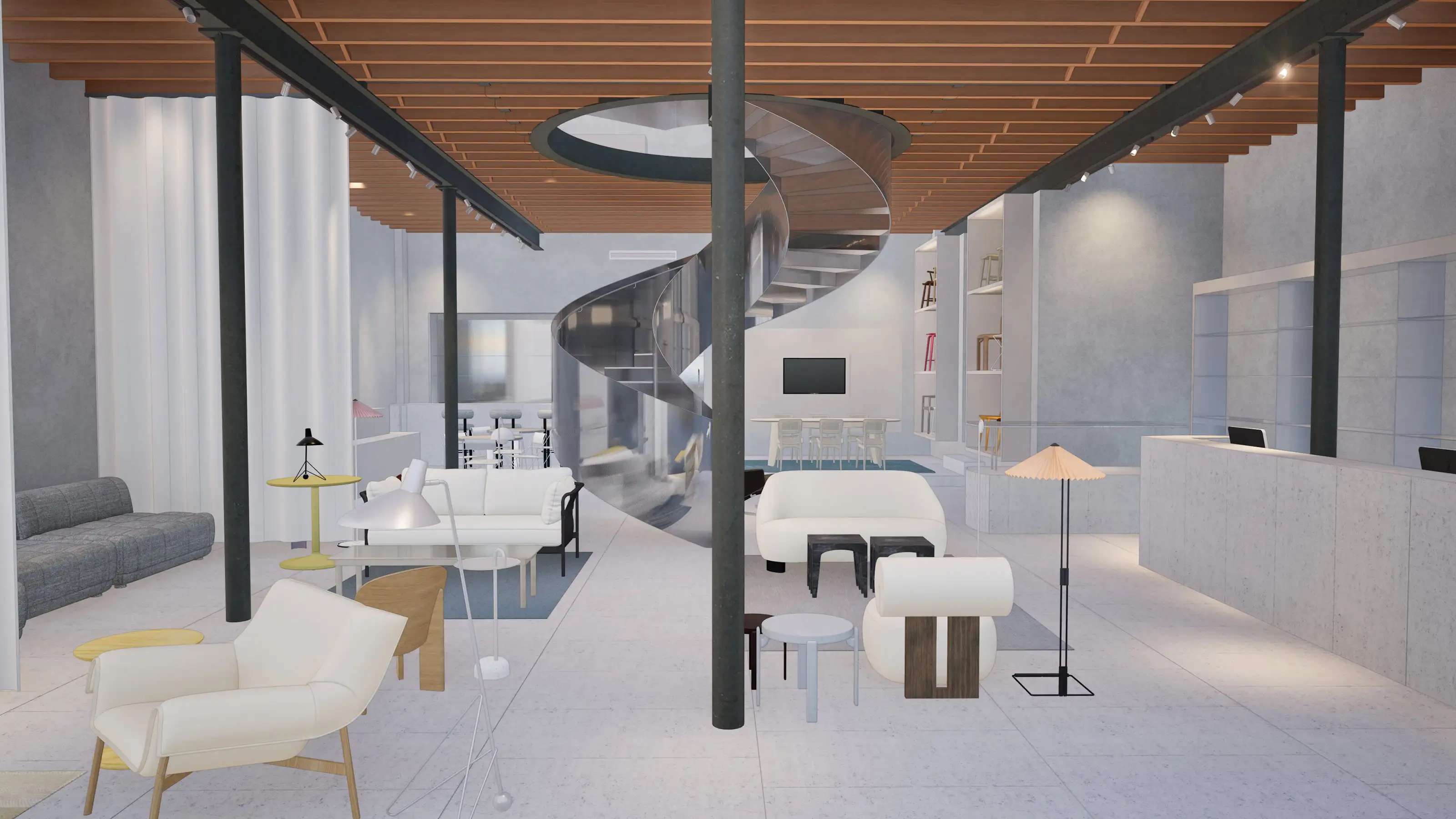 Modern lobby with white lounge chairs, spiral metal staircase, wooden ceiling, and a reception desk.