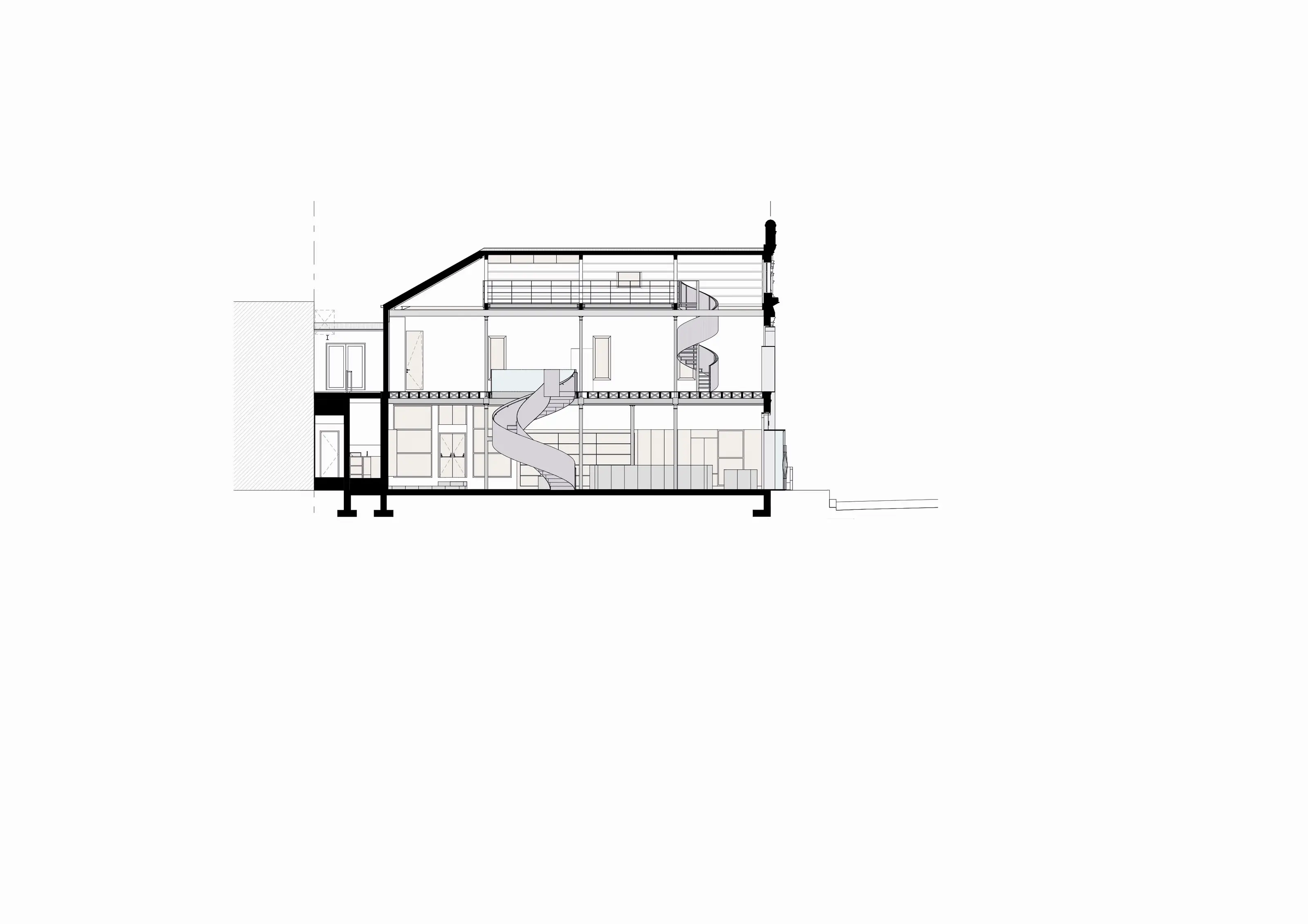 Architectural cross-section of a two-story building with spiral staircases and detailed interior layout.